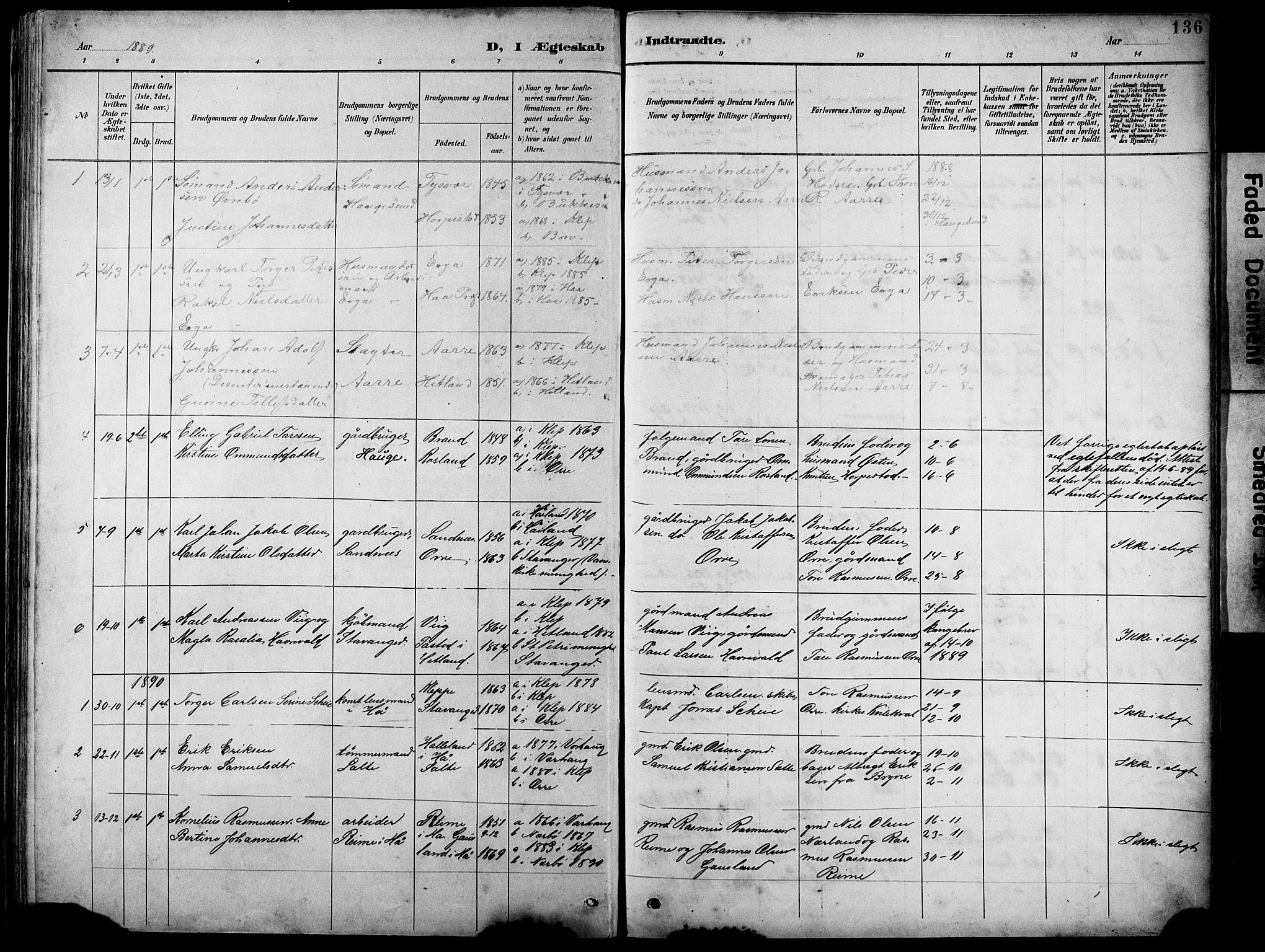 Klepp sokneprestkontor, SAST/A-101803/001/3/30BB/L0005: Parish register (copy) no. B 5, 1889-1918, p. 136