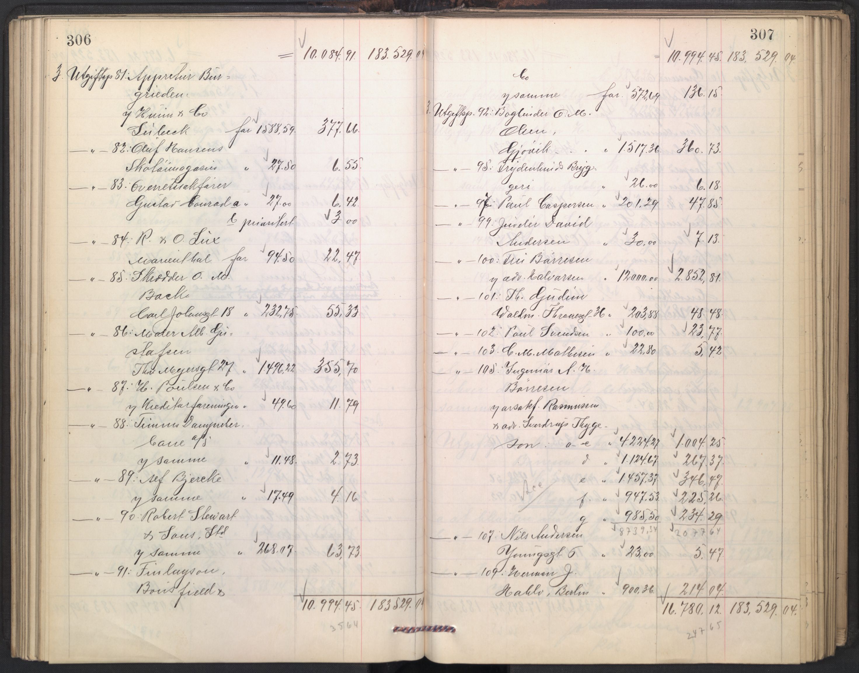 Oslo skifterett, AV/SAO-A-10383/H/Hd/Hdd/L0004: Skifteutlodningsprotokoll for konkursbo, 1906-1915, p. 306-307