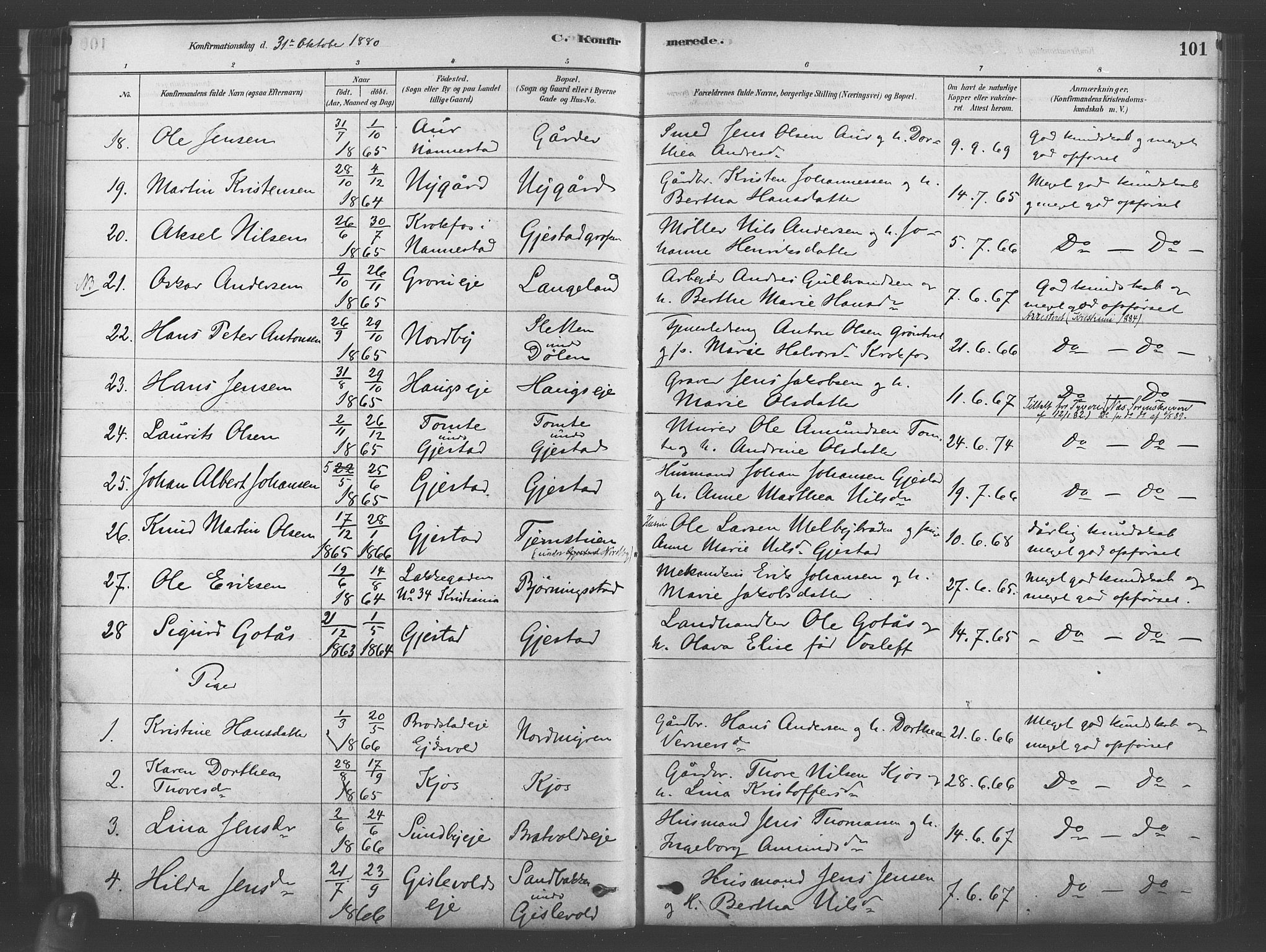 Ullensaker prestekontor Kirkebøker, AV/SAO-A-10236a/F/Fb/L0001: Parish register (official) no. II 1, 1878-1893, p. 101