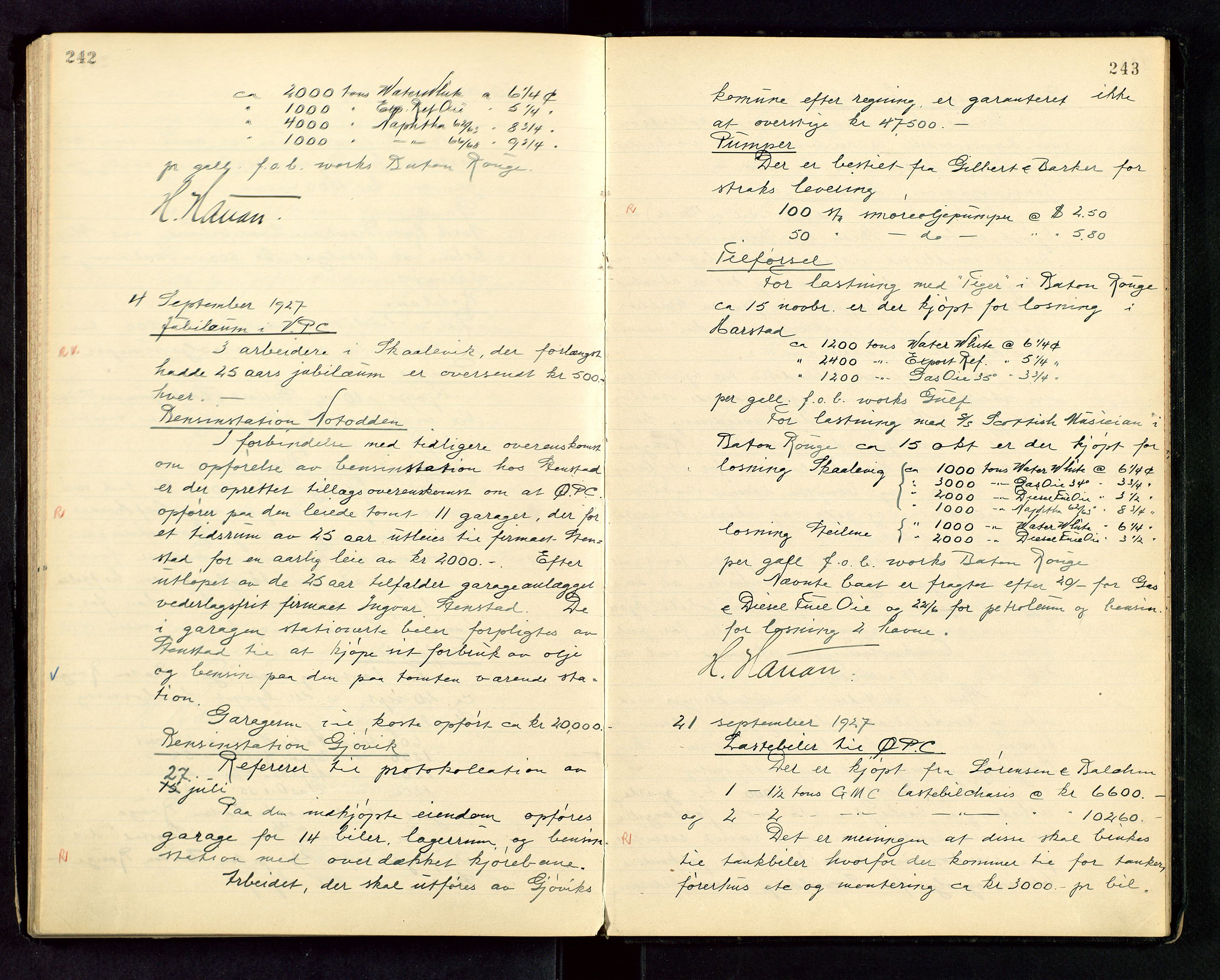 PA 1534 - Østlandske Petroleumscompagni A/S, SAST/A-101954/A/Aa/L0004/0001: Direksjonsprotokoller / Den Administrerende Direksjon alle selskaper (referatprotokoll), 1924-1928, p. 242-243