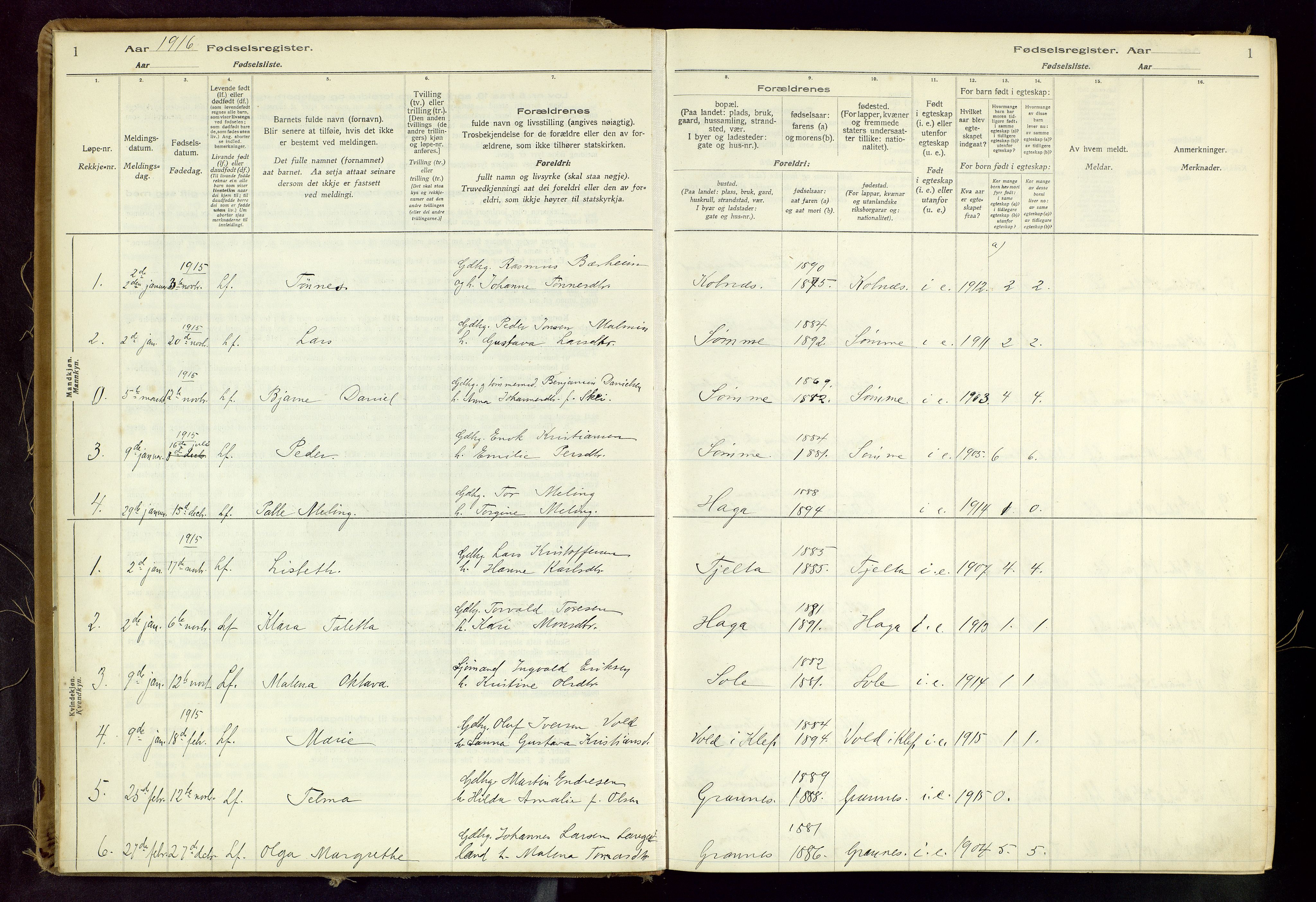 Håland sokneprestkontor, AV/SAST-A-101802/001/704BA/L0001: Birth register no. 1, 1916-1936, p. 1