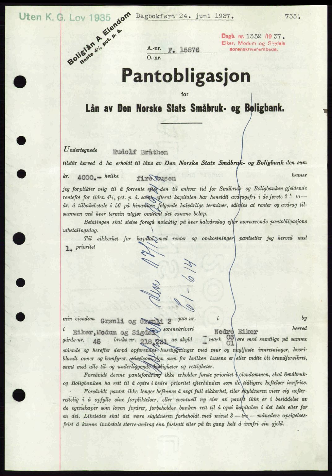 Eiker, Modum og Sigdal sorenskriveri, SAKO/A-123/G/Ga/Gab/L0035: Mortgage book no. A5, 1937-1937, Diary no: : 1352/1937
