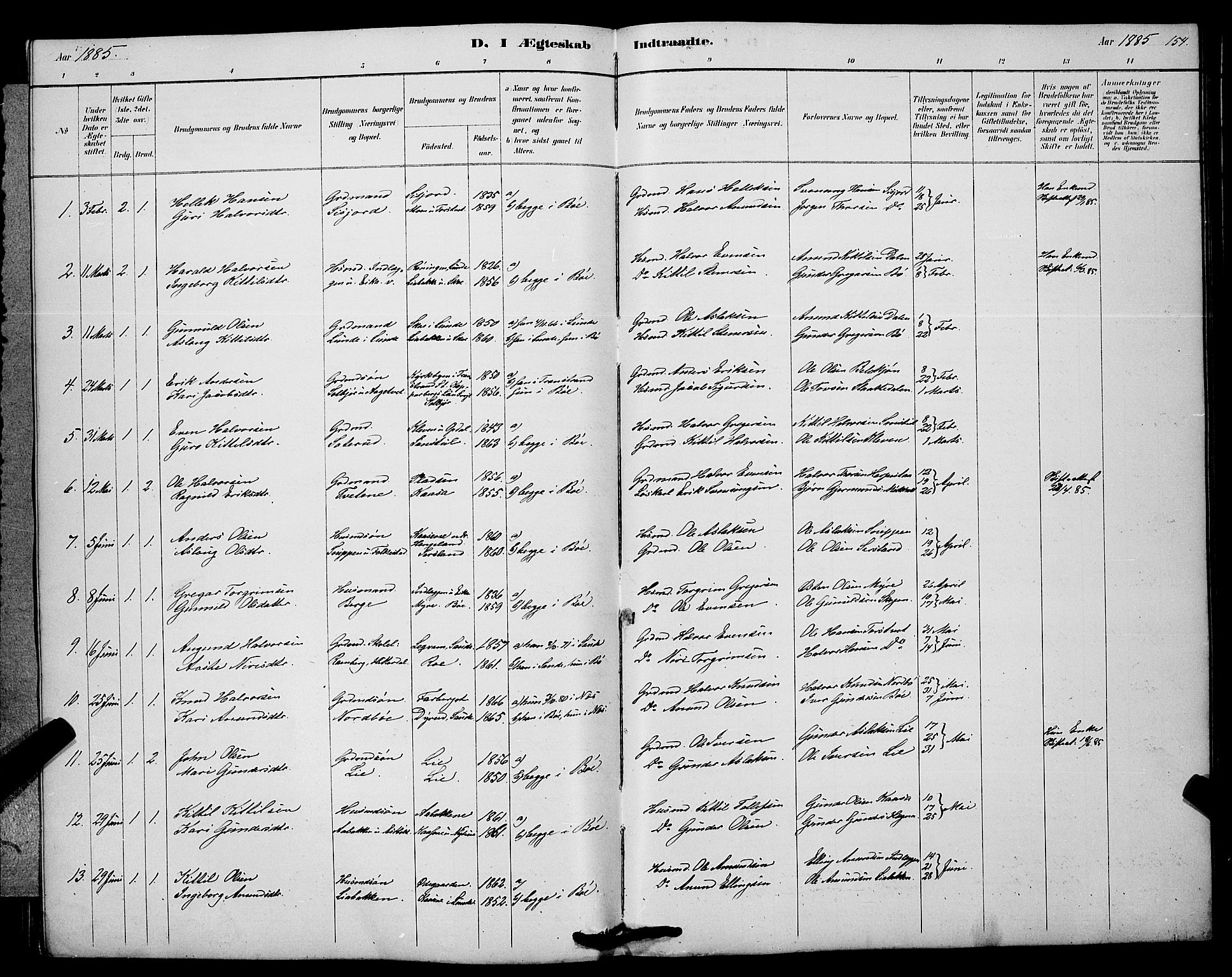 Bø kirkebøker, SAKO/A-257/G/Ga/L0005: Parish register (copy) no. 5, 1883-1897, p. 154