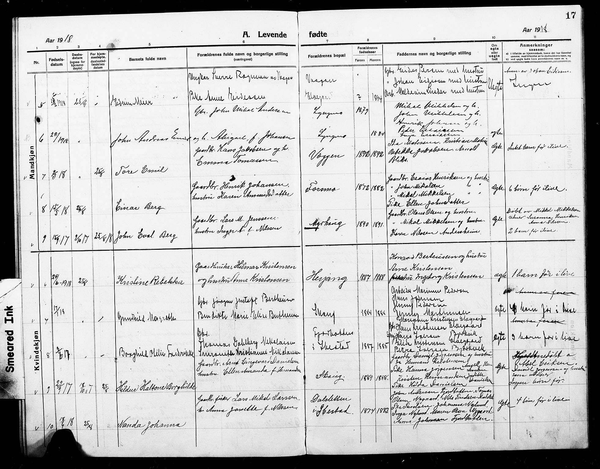 Ministerialprotokoller, klokkerbøker og fødselsregistre - Nordland, SAT/A-1459/868/L0969: Parish register (copy) no. 868C01, 1914-1925, p. 17