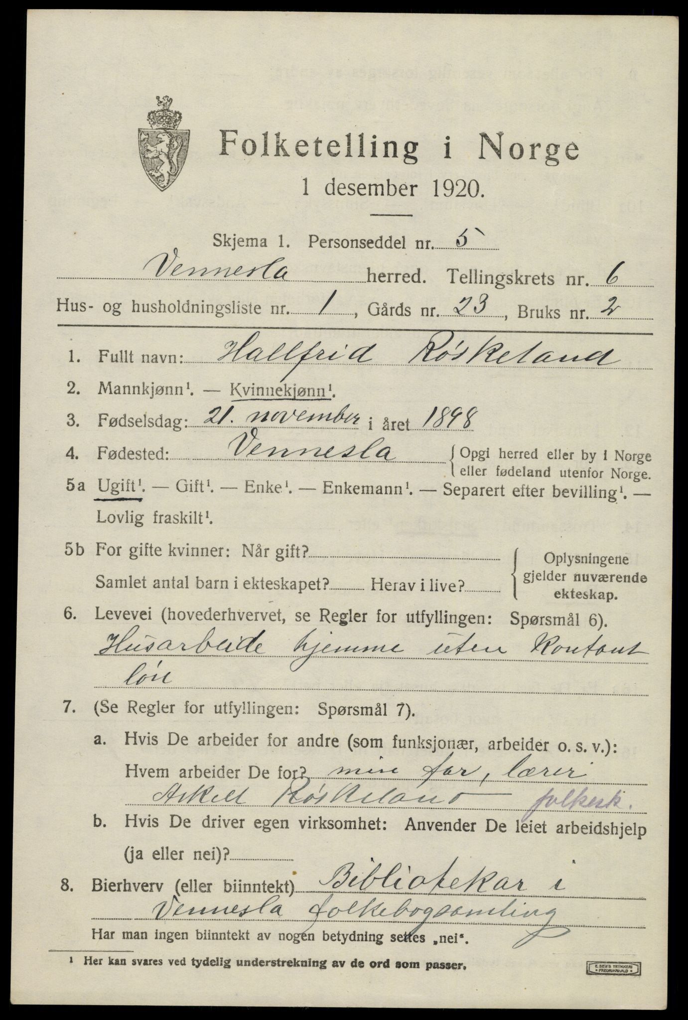 SAK, 1920 census for Vennesla, 1920, p. 4310