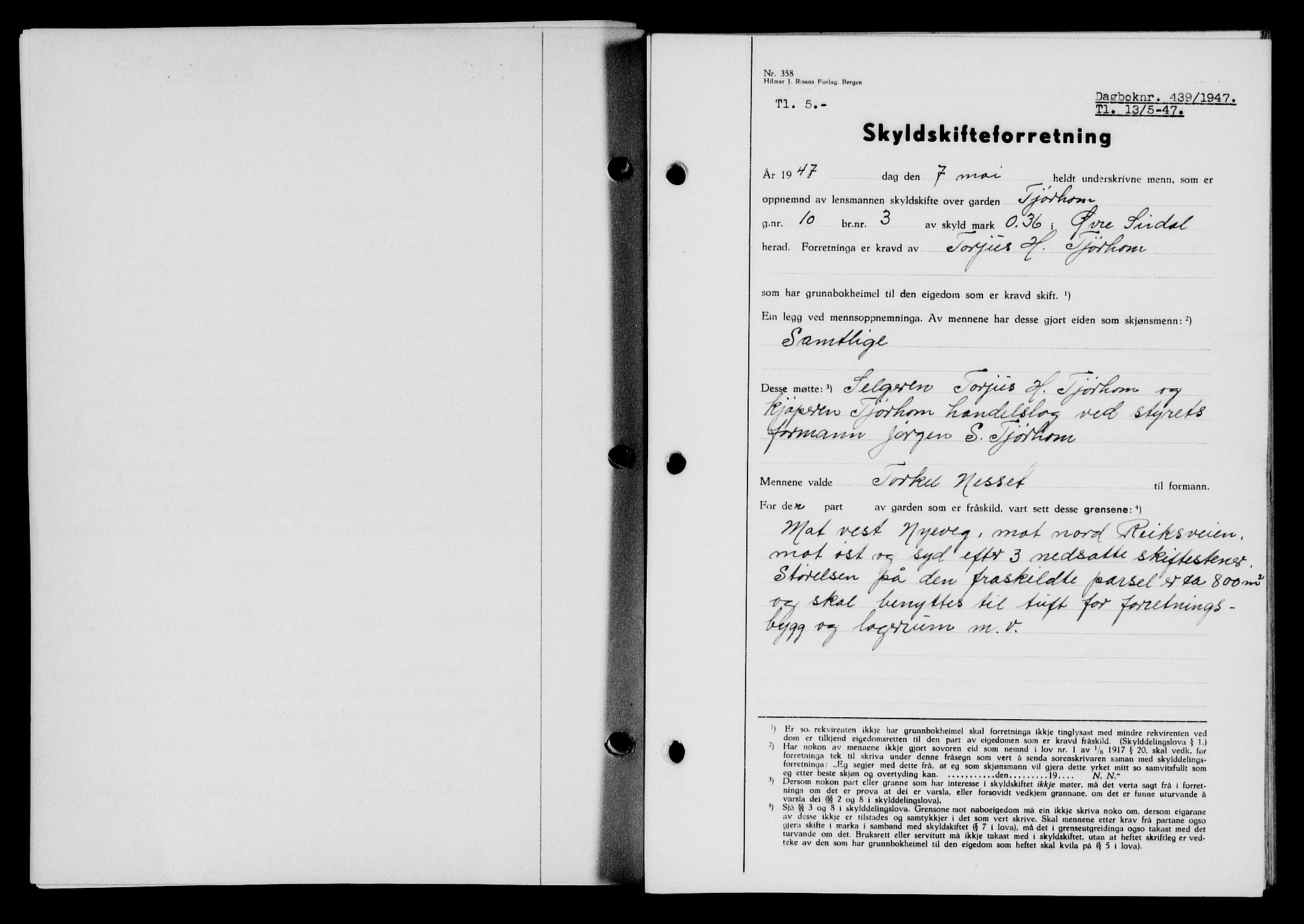 Flekkefjord sorenskriveri, SAK/1221-0001/G/Gb/Gba/L0062: Mortgage book no. A-10, 1947-1947, Diary no: : 439/1947