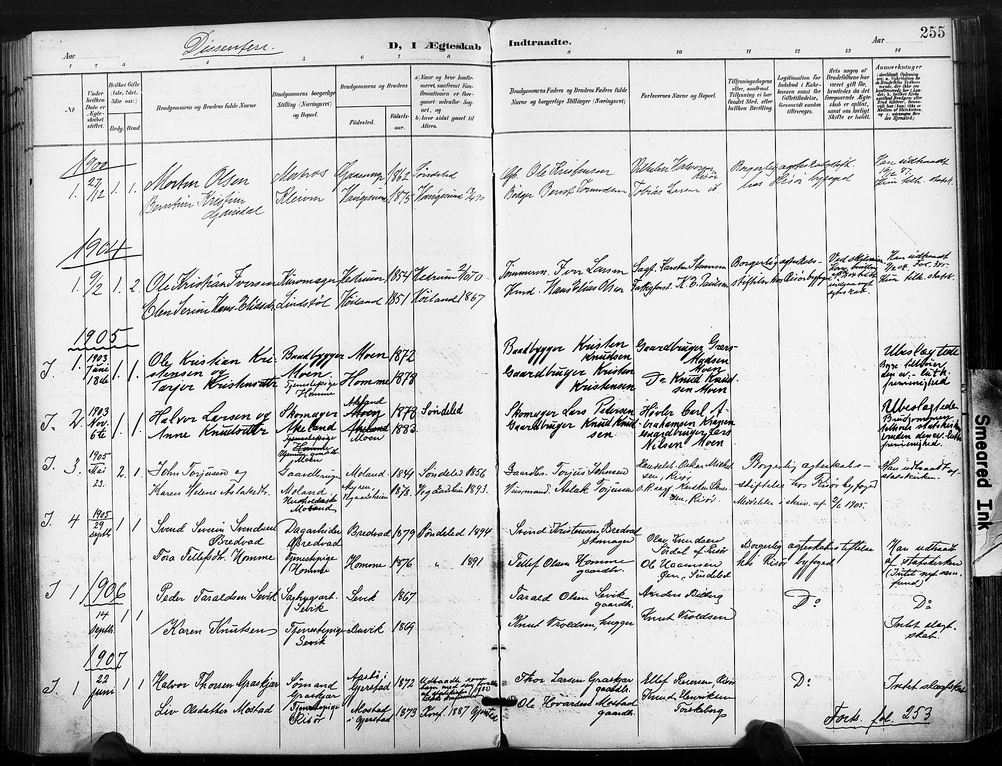 Søndeled sokneprestkontor, SAK/1111-0038/F/Fa/L0006: Parish register (official) no. A 6, 1900-1922, p. 255
