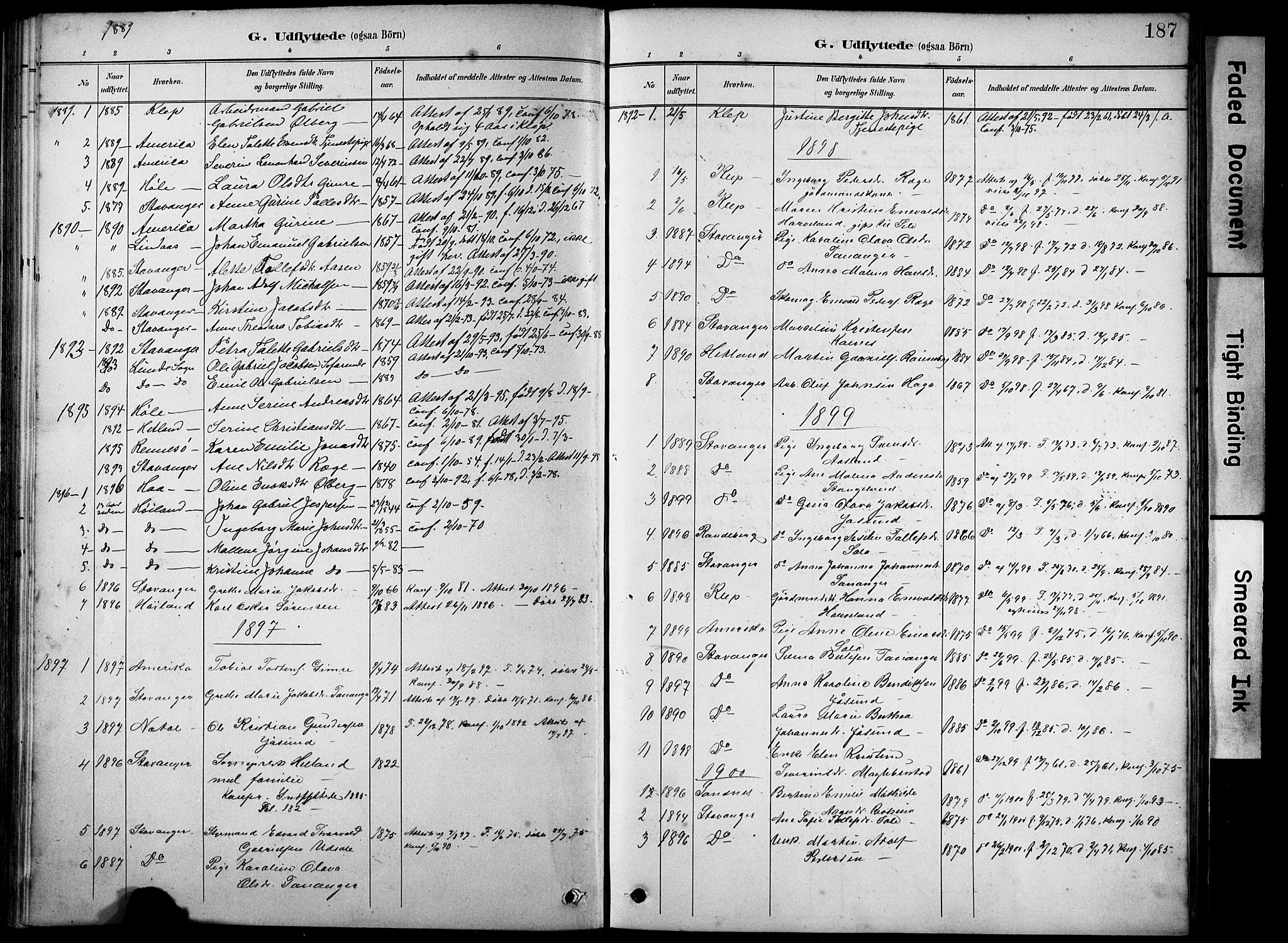 Håland sokneprestkontor, AV/SAST-A-101802/001/30BA/L0012: Parish register (official) no. A 11, 1889-1900, p. 187