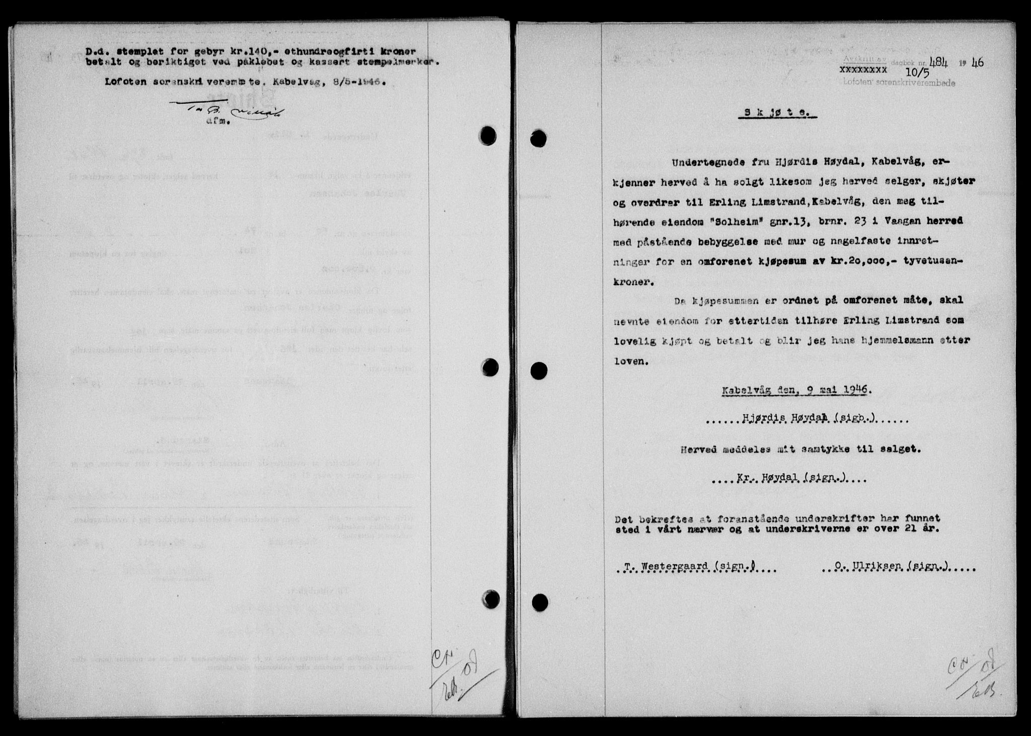 Lofoten sorenskriveri, SAT/A-0017/1/2/2C/L0014a: Mortgage book no. 14a, 1946-1946, Diary no: : 484/1946