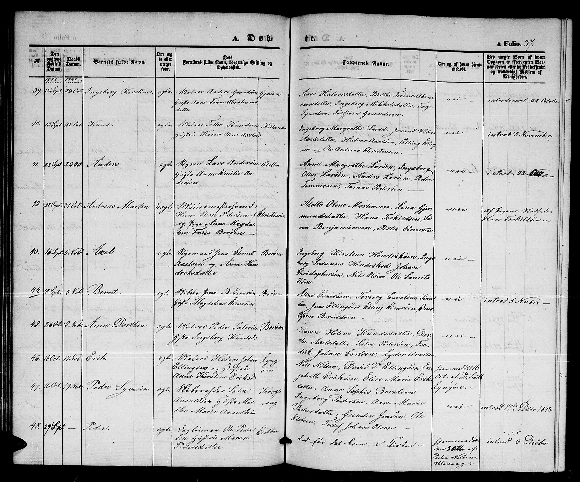 Dypvåg sokneprestkontor, AV/SAK-1111-0007/F/Fb/Fba/L0010: Parish register (copy) no. B 10, 1842-1857, p. 37