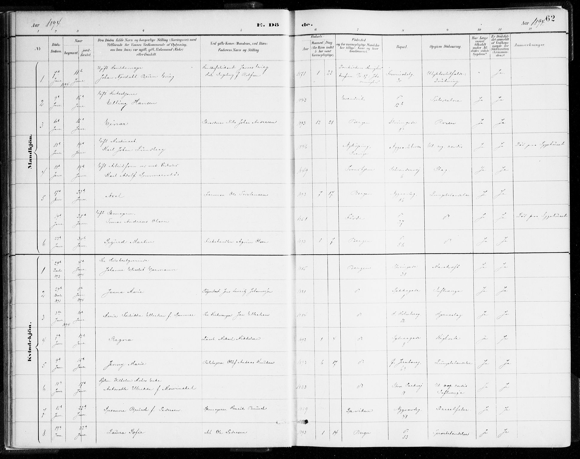 Johanneskirken sokneprestembete, AV/SAB-A-76001/H/Haa/L0019: Parish register (official) no. E 1, 1885-1915, p. 62