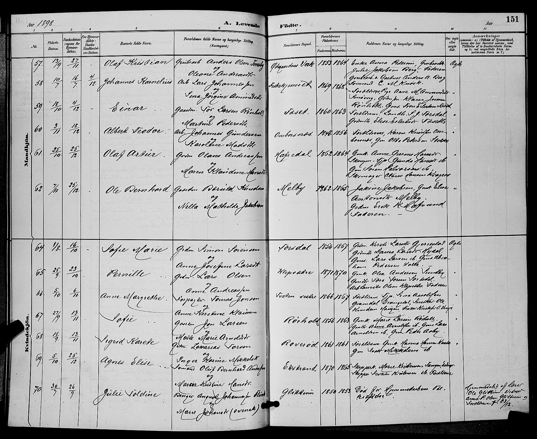 Bamble kirkebøker, SAKO/A-253/G/Ga/L0009: Parish register (copy) no. I 9, 1888-1900, p. 151