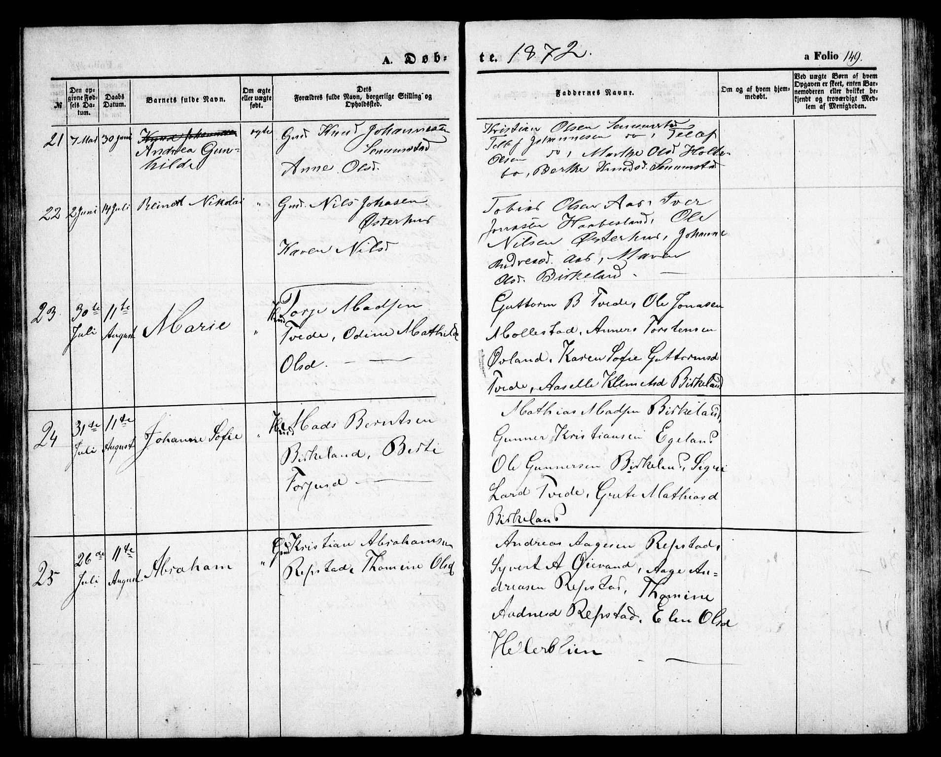 Birkenes sokneprestkontor, AV/SAK-1111-0004/F/Fb/L0002: Parish register (copy) no. B 2, 1849-1876, p. 149