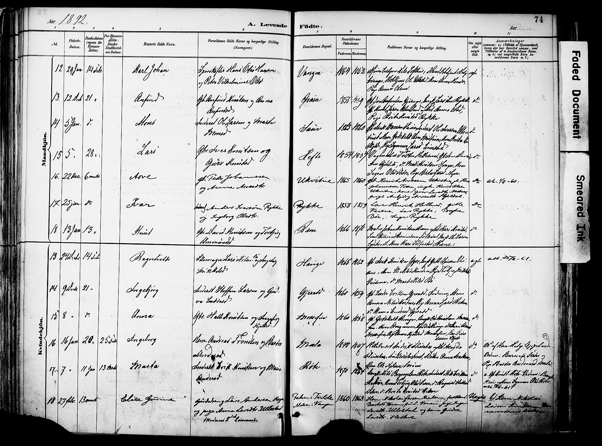 Voss sokneprestembete, AV/SAB-A-79001/H/Haa: Parish register (official) no. A 21, 1887-1903, p. 74