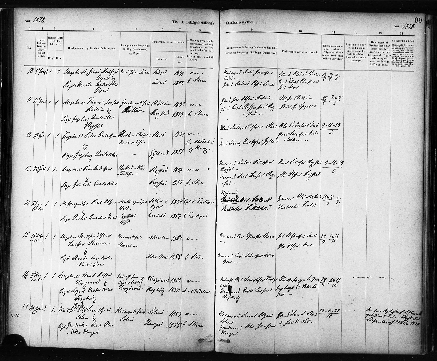 Ministerialprotokoller, klokkerbøker og fødselsregistre - Sør-Trøndelag, SAT/A-1456/687/L1002: Parish register (official) no. 687A08, 1878-1890, p. 99