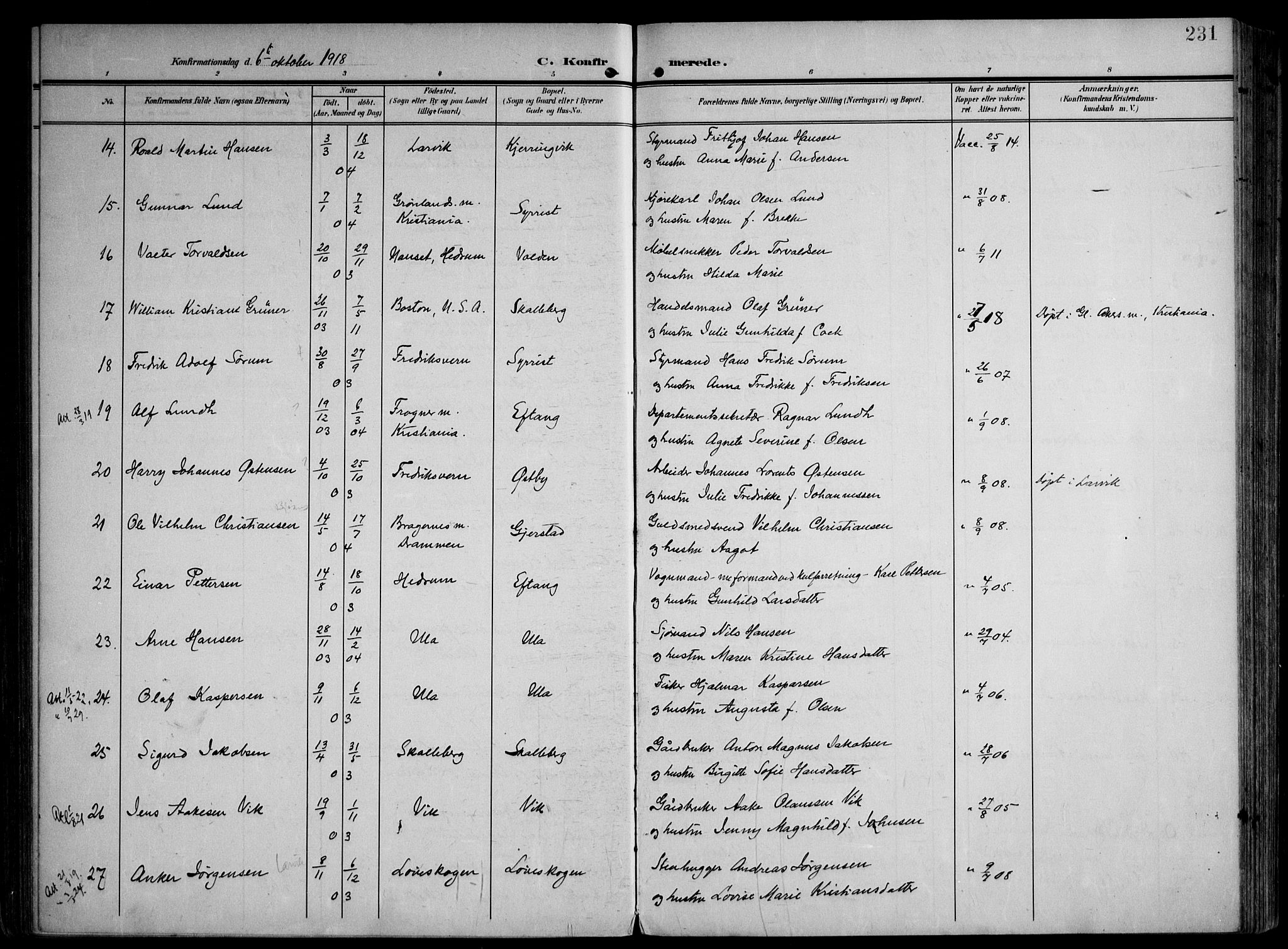 Tjølling kirkebøker, AV/SAKO-A-60/F/Fa/L0010: Parish register (official) no. 10, 1906-1923, p. 231