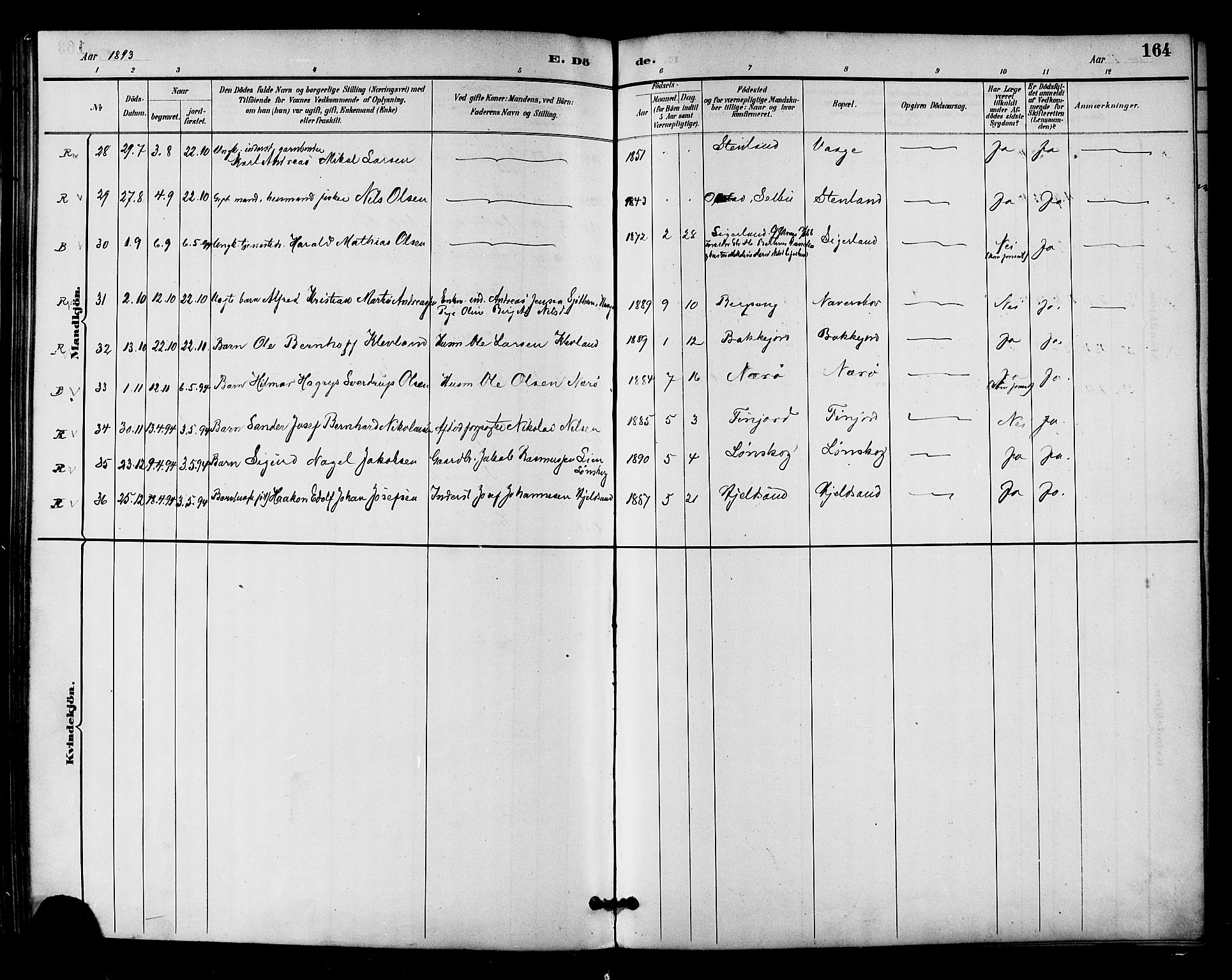 Ministerialprotokoller, klokkerbøker og fødselsregistre - Nordland, SAT/A-1459/893/L1337: Parish register (official) no. 893A09, 1885-1893, p. 164