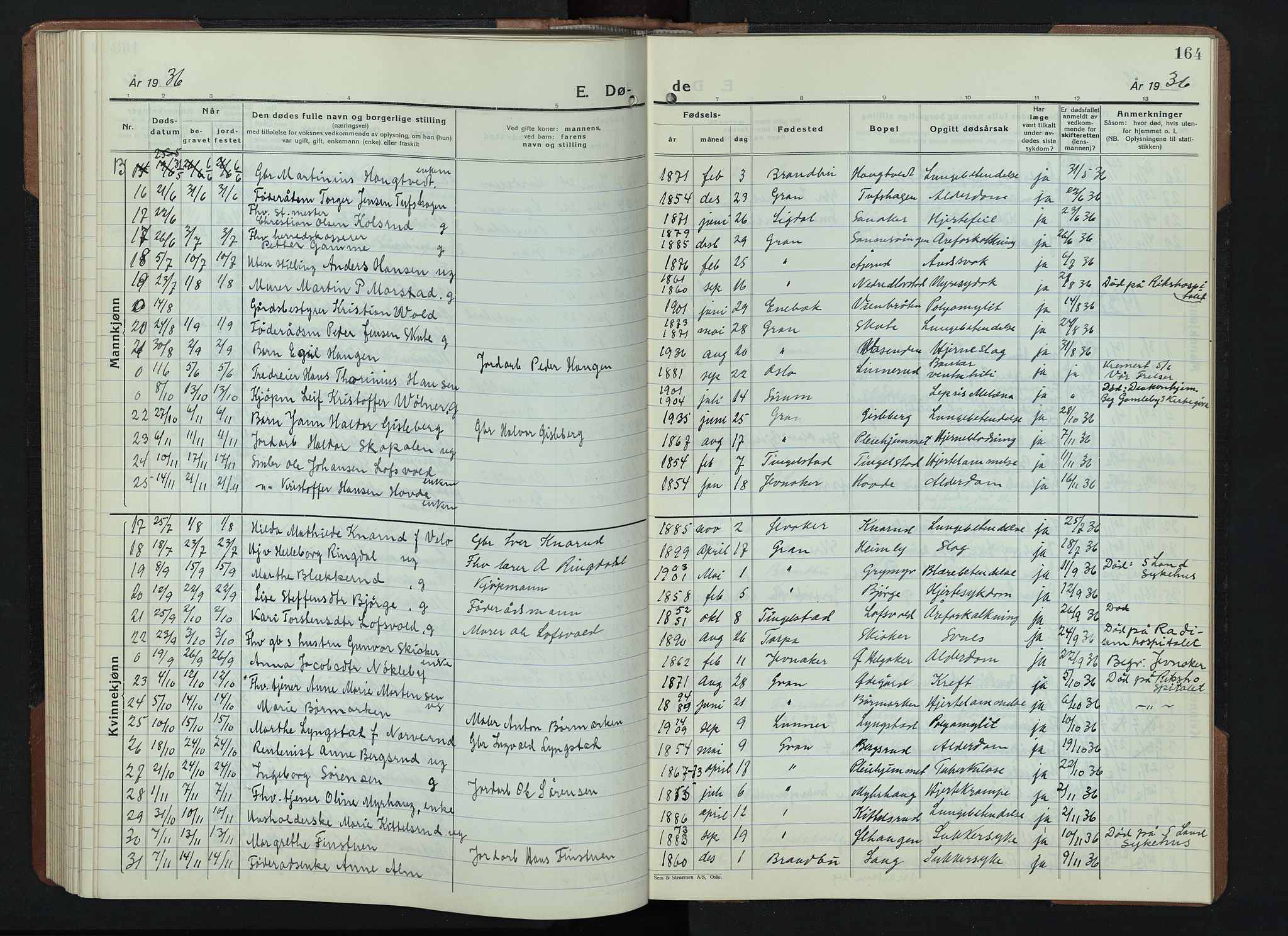 Gran prestekontor, SAH/PREST-112/H/Ha/Hab/L0009: Parish register (copy) no. 9, 1933-1950, p. 164