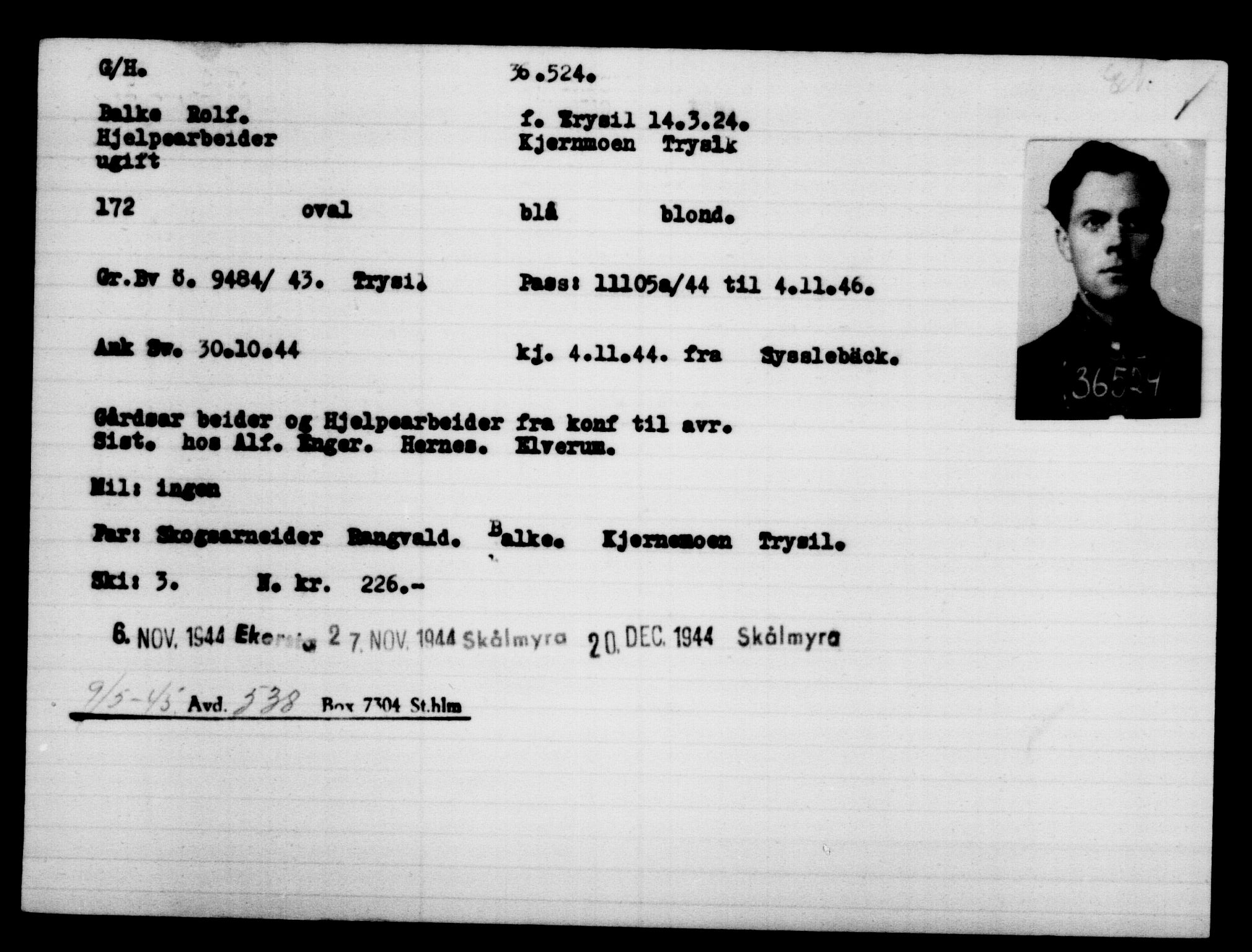 Utenriksstasjonene, Legasjonen i Stockholm, Flyktningkontoret, AV/RA-S-6753/V/Va/L0014: Kjesäterkartoteket, flyktninger med registreringsnr. 34700-37855, 1940-1945, p. 1914