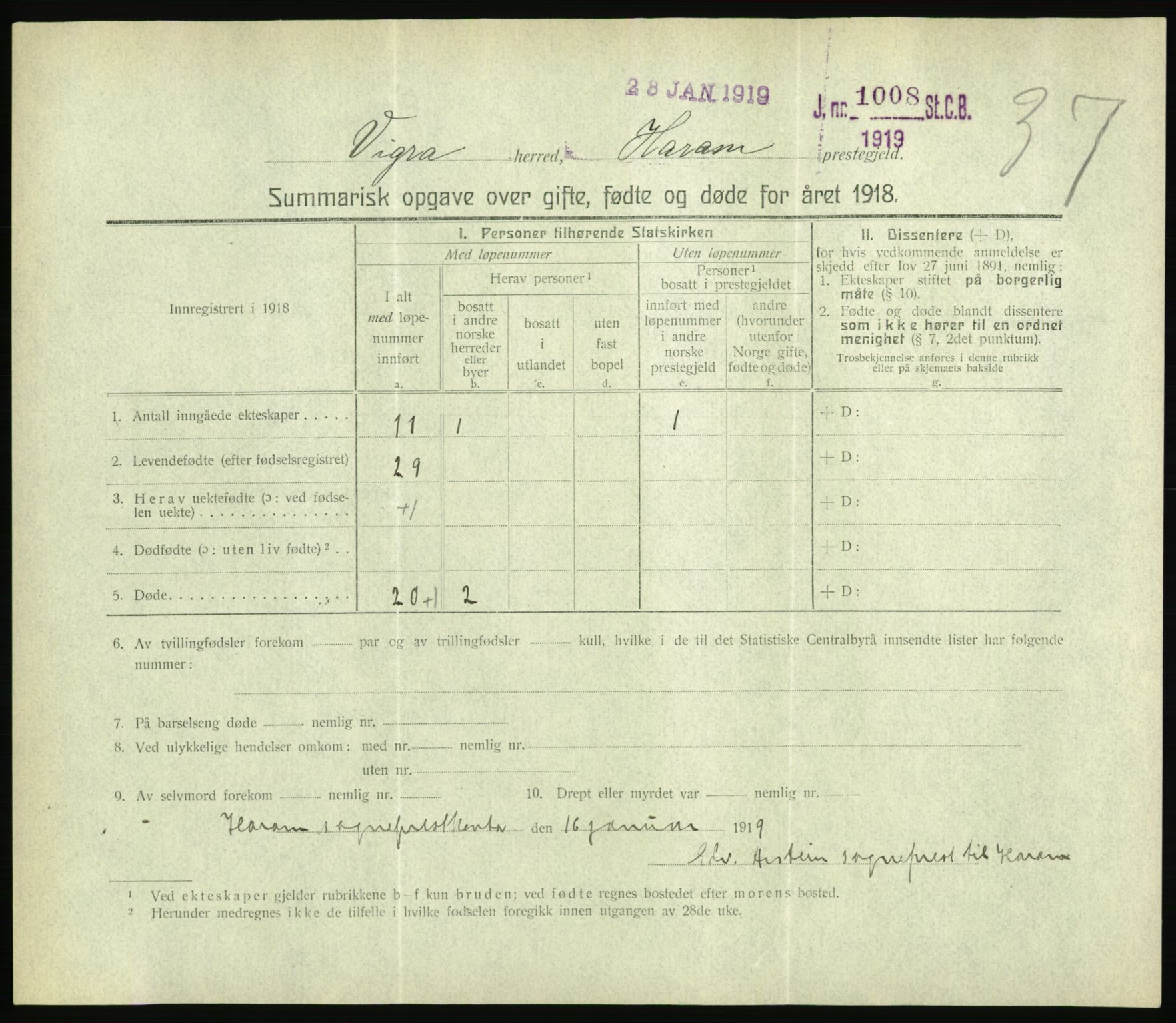 Statistisk sentralbyrå, Sosiodemografiske emner, Befolkning, RA/S-2228/D/Df/Dfb/Dfbh/L0059: Summariske oppgaver over gifte, fødte og døde for hele landet., 1918, p. 1155