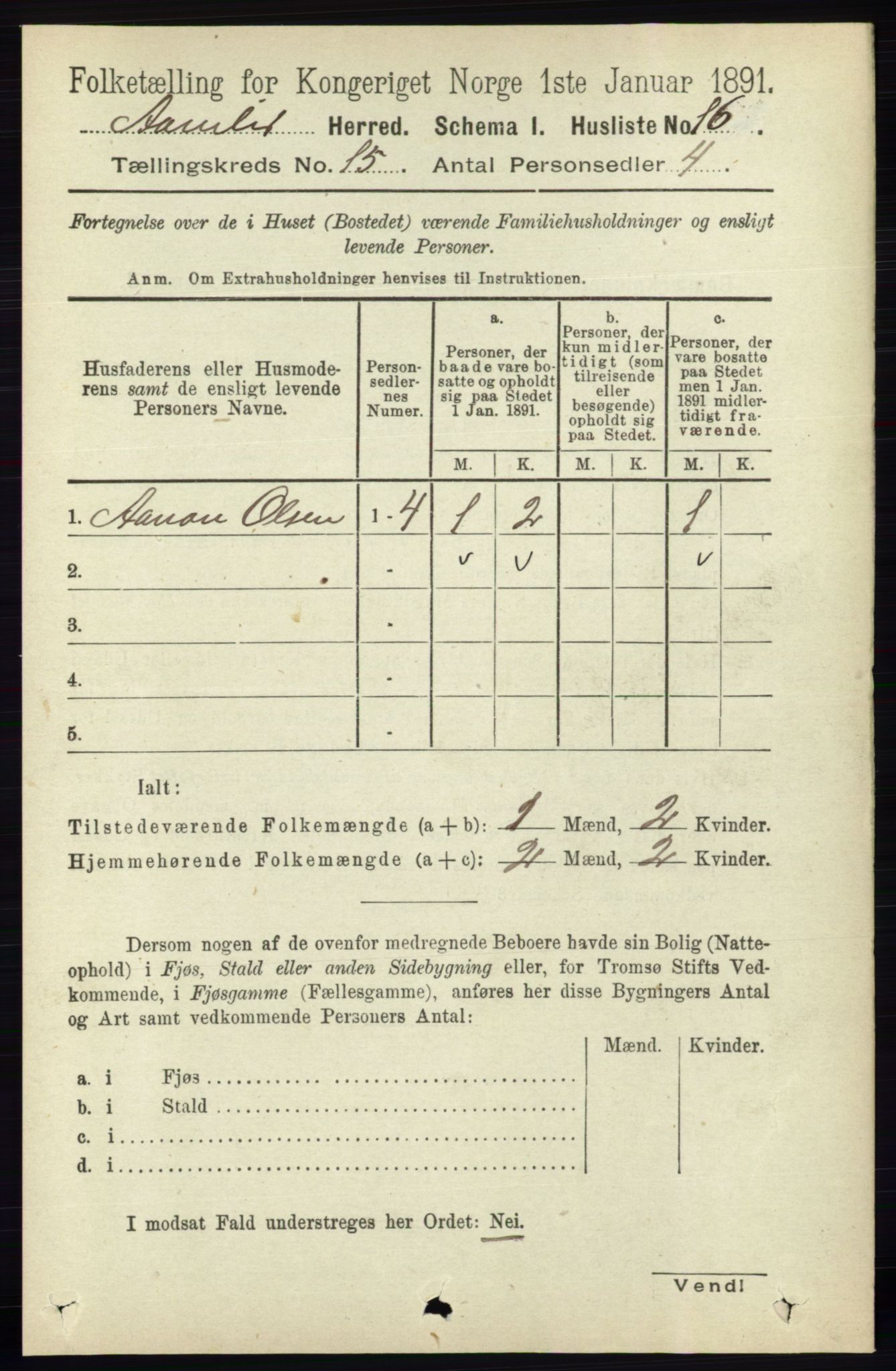 RA, 1891 census for 0929 Åmli, 1891, p. 2535