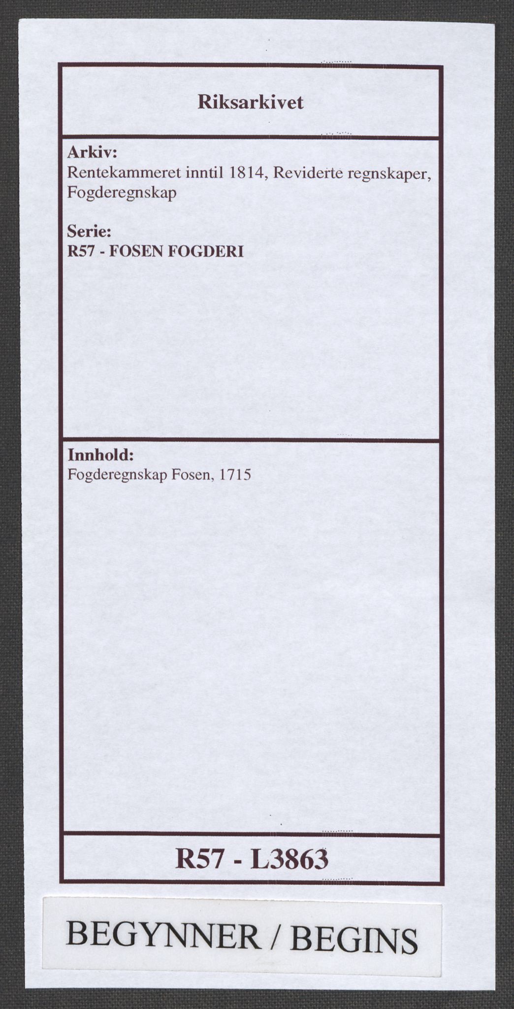 Rentekammeret inntil 1814, Reviderte regnskaper, Fogderegnskap, RA/EA-4092/R57/L3863: Fogderegnskap Fosen, 1715, p. 1