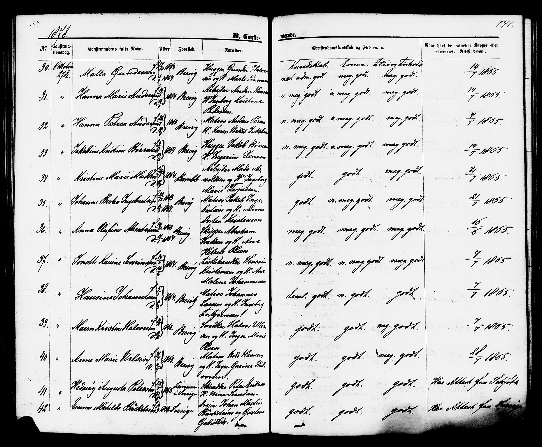 Brevik kirkebøker, SAKO/A-255/F/Fa/L0006: Parish register (official) no. 6, 1866-1881, p. 171