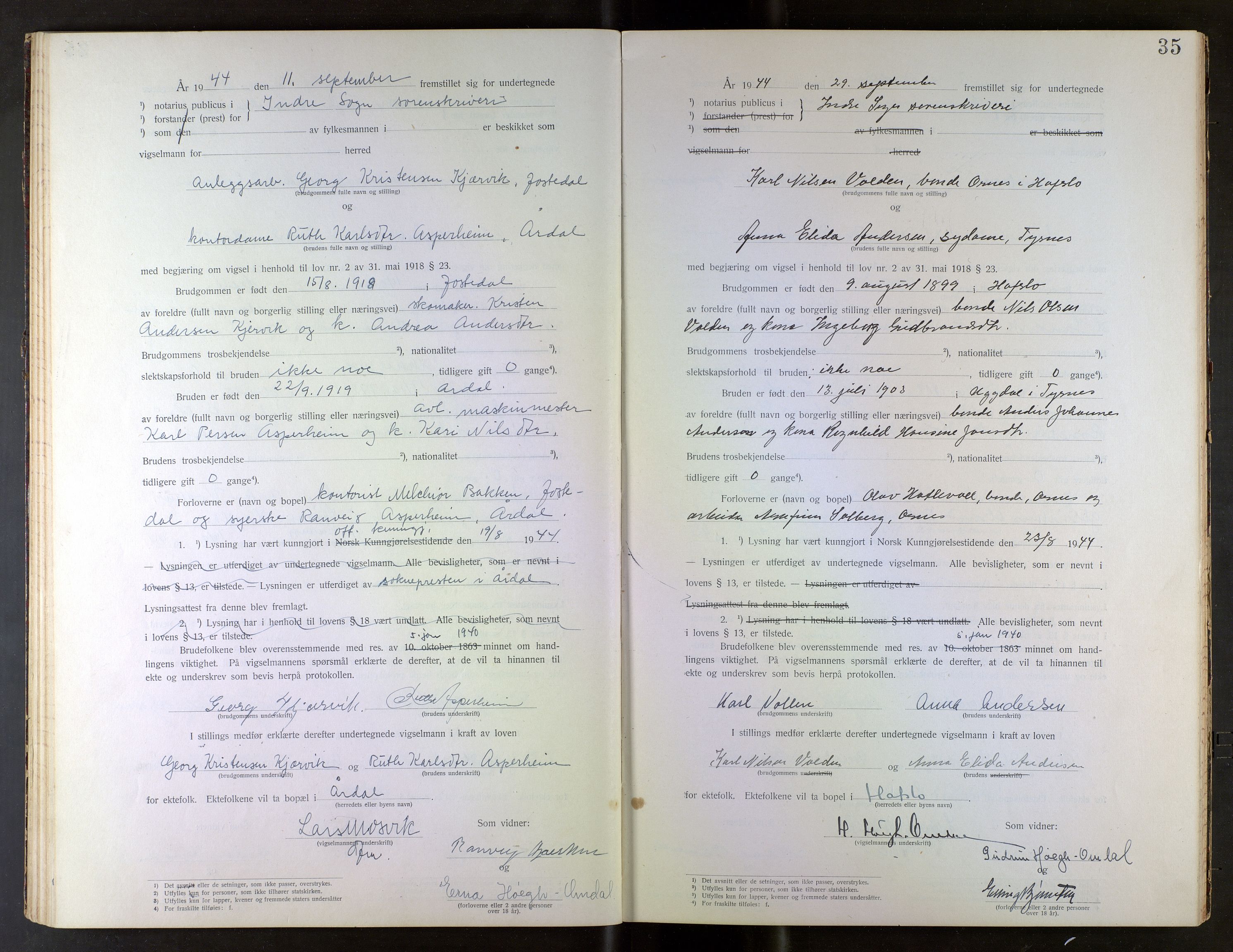 Indre Sogn tingrett, AV/SAB-A-3301/1/L/La/Laa/L0001: Vigselsbok Indre Sogn, 1938-1967, p. 35