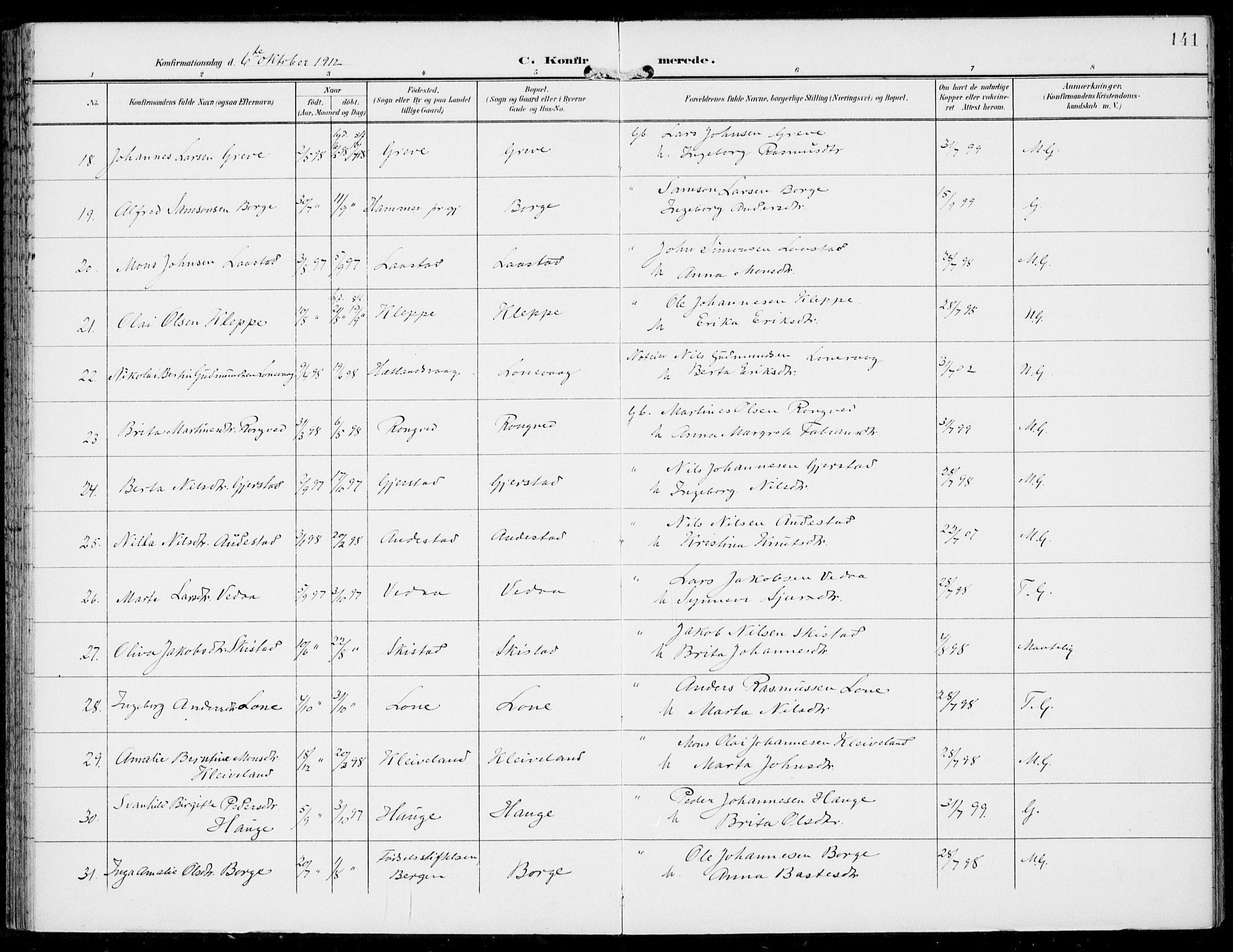 Haus sokneprestembete, AV/SAB-A-75601/H/Haa: Parish register (official) no. C  2, 1900-1915, p. 141