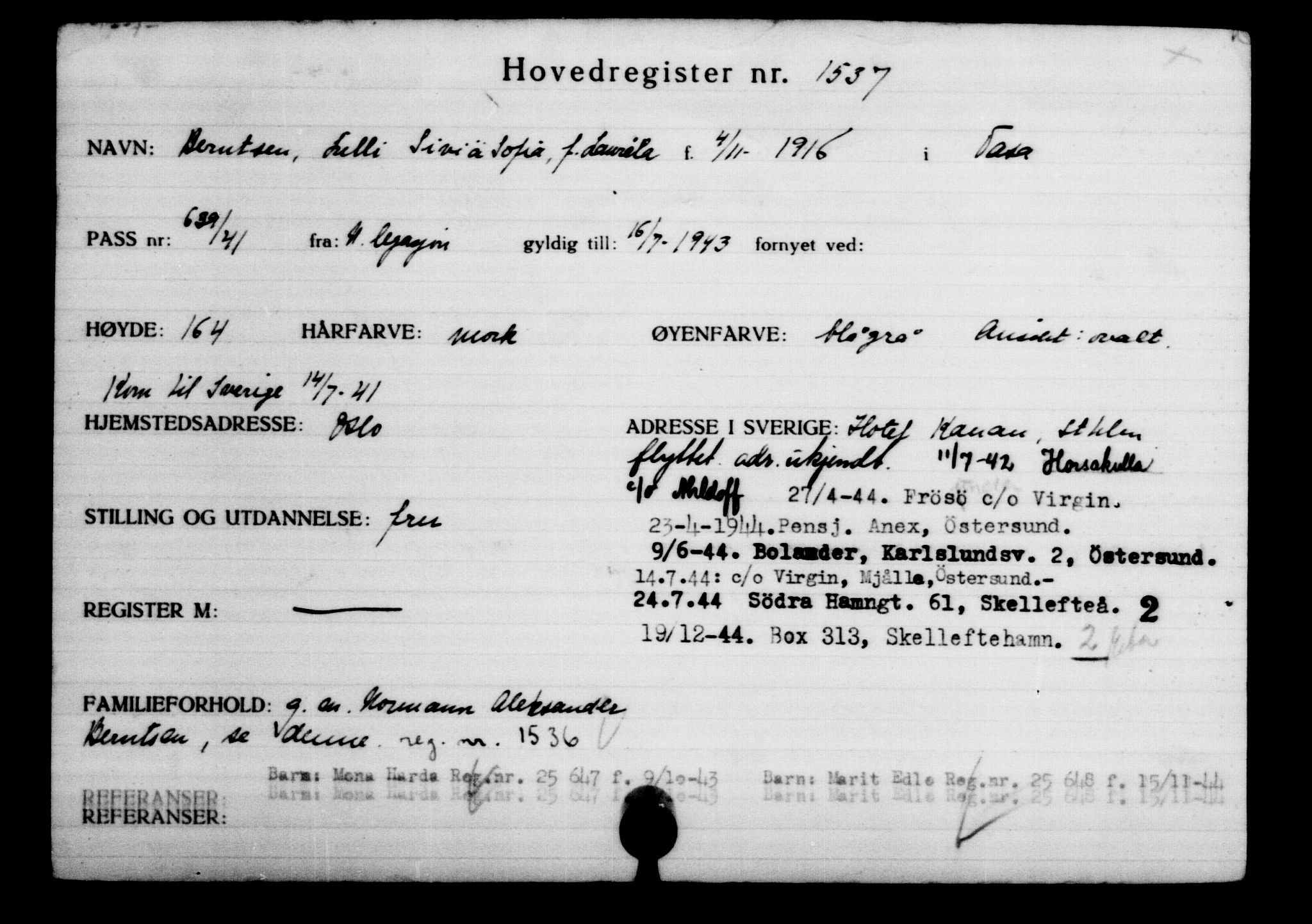 Utenriksstasjonene, Legasjonen i Stockholm, Flyktningkontoret, AV/RA-S-6753/V/Va/L0002: Kjesäterkartoteket, flyktninger med registreringsnr. 1001-2000, 1940-1945, p. 761