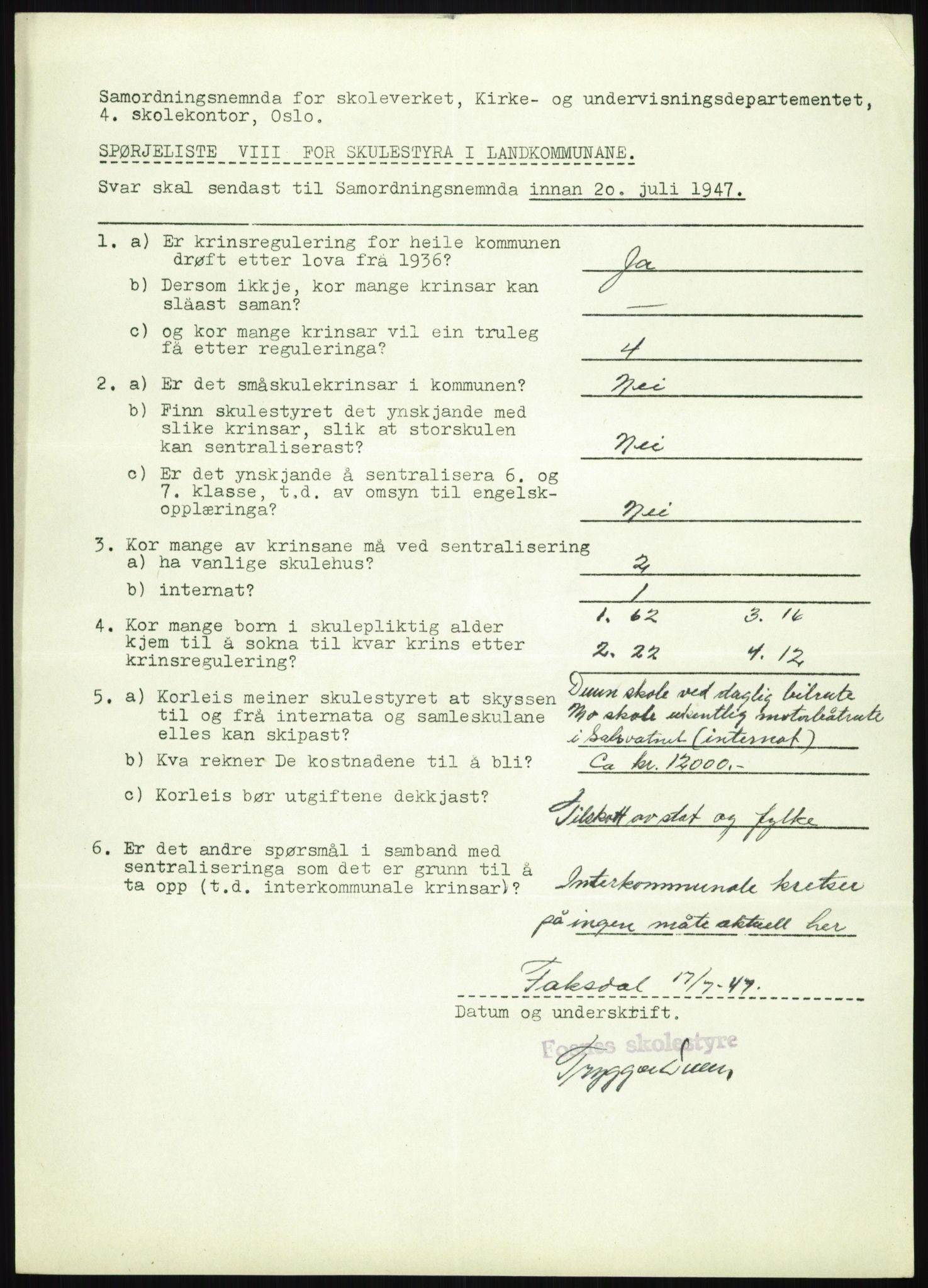 Kirke- og undervisningsdepartementet, Samordningsnemnda for skoleverket, AV/RA-S-1146/D/L0008: Svar på spørreskjema fra kommuner i Nord-Trøndelag, Nordland, Troms og Finnmark, 1947, p. 247