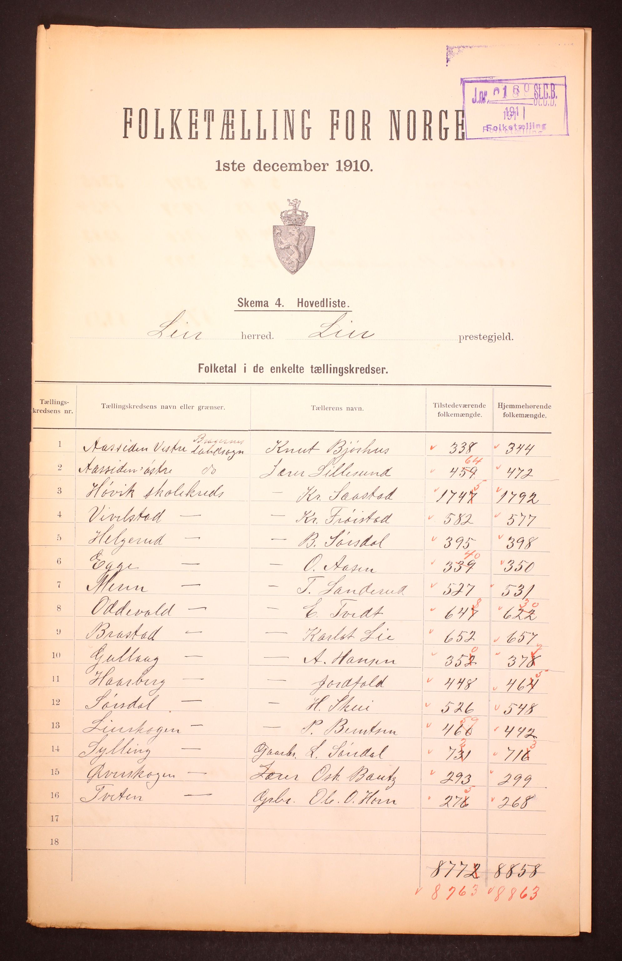 RA, 1910 census for Lier, 1910, p. 2