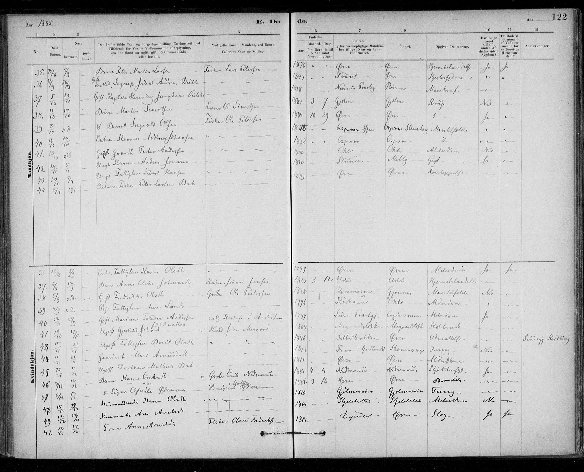 Ministerialprotokoller, klokkerbøker og fødselsregistre - Sør-Trøndelag, AV/SAT-A-1456/668/L0810: Parish register (official) no. 668A10, 1881-1894, p. 122