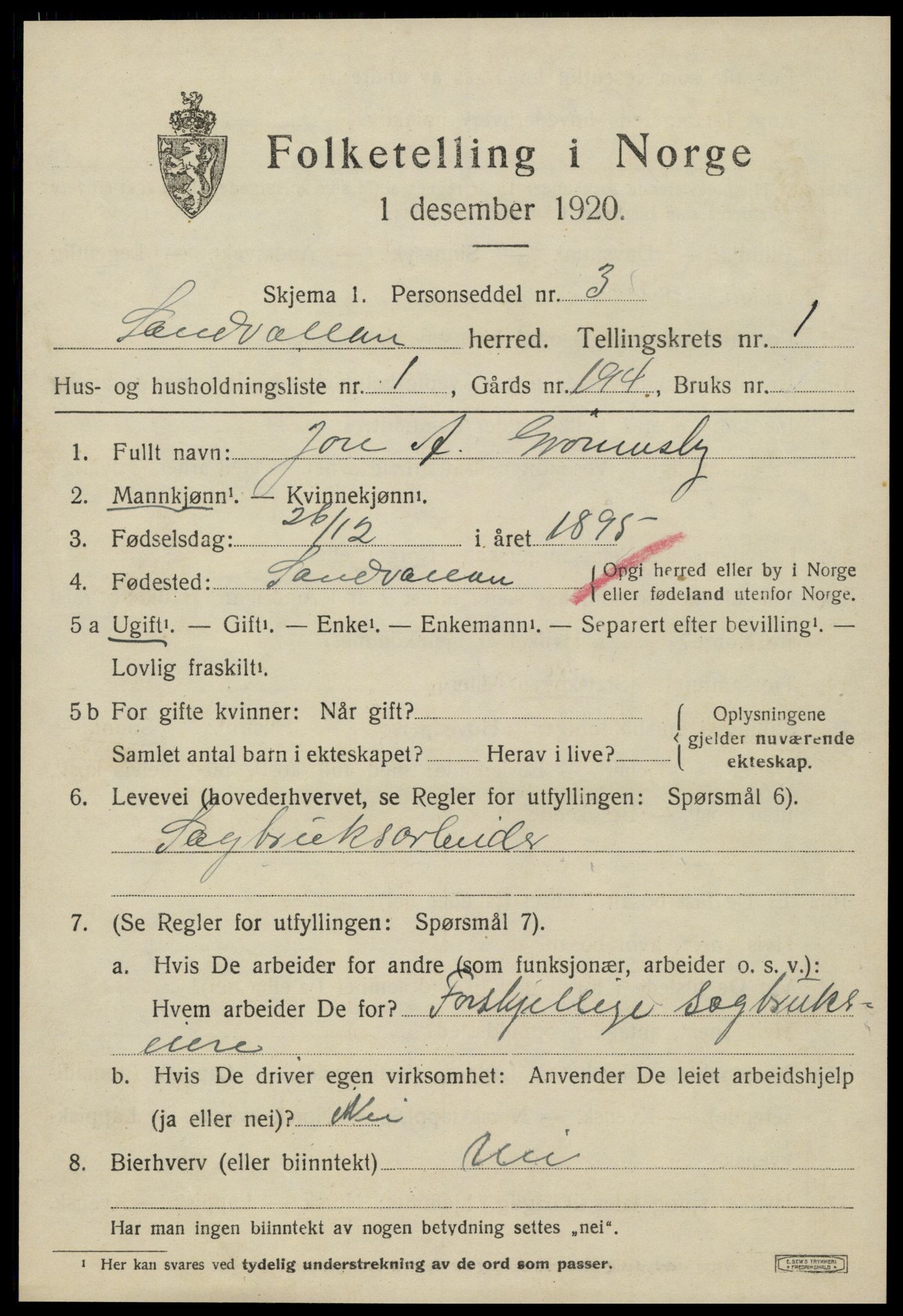 SAT, 1920 census for Sandvollan, 1920, p. 313