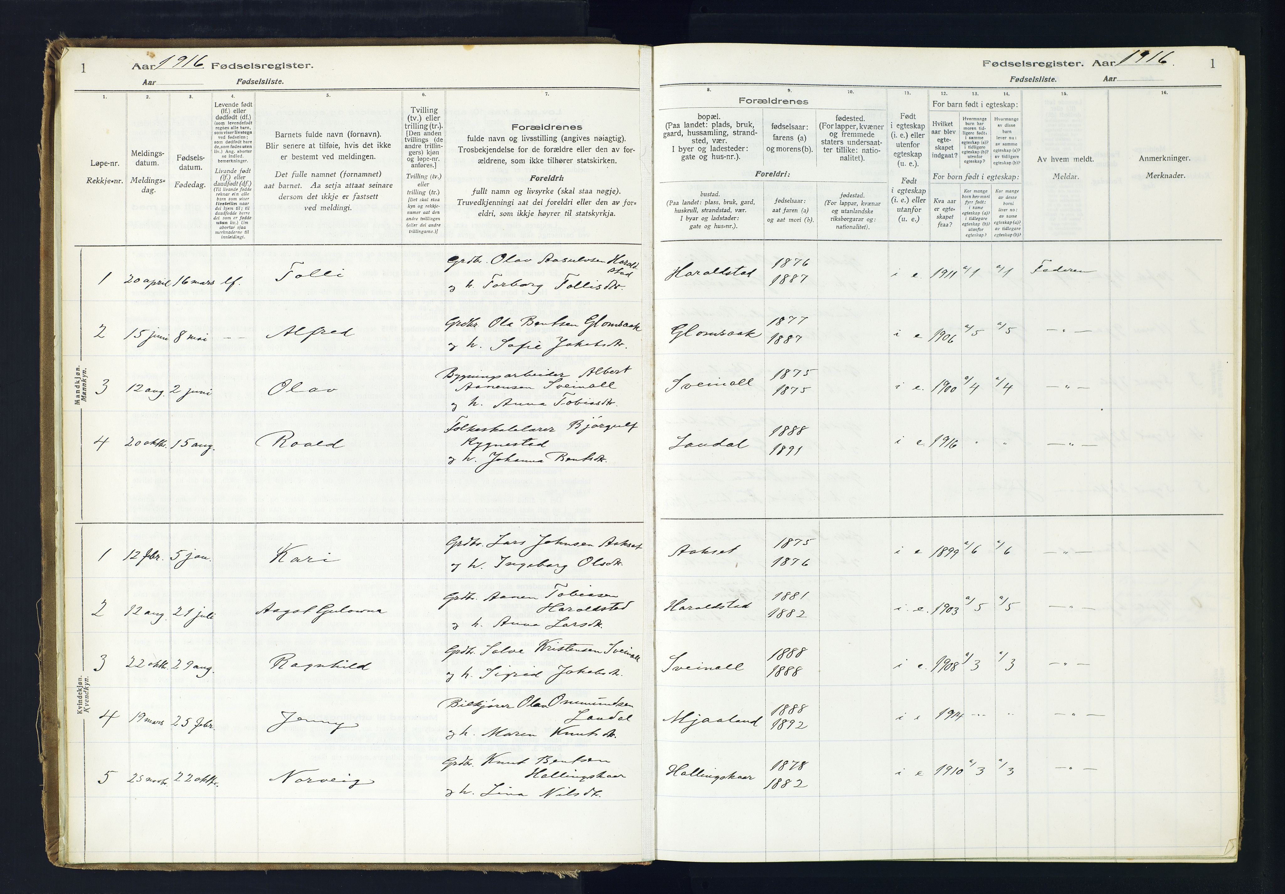 Holum sokneprestkontor, SAK/1111-0022/J/Ja/L0001: Birth register no. II.6.10, 1916-1982, p. 1