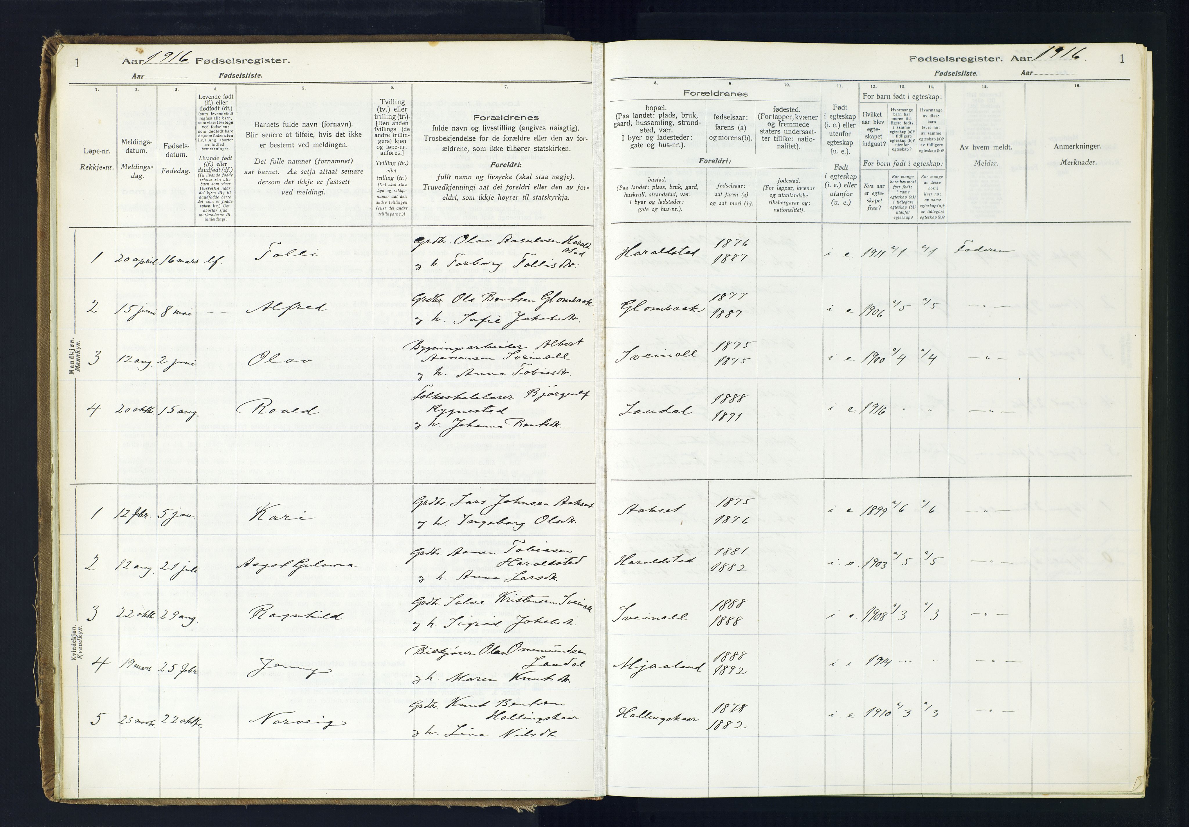 Holum sokneprestkontor, AV/SAK-1111-0022/J/Ja/L0001: Birth register no. II.6.10, 1916-1982, p. 1