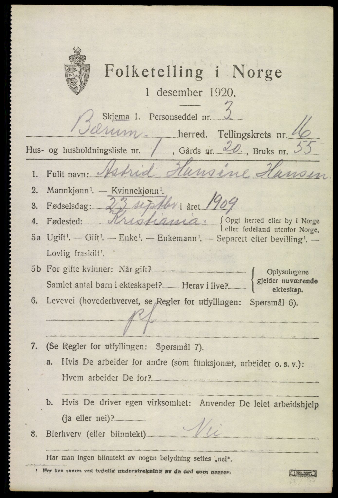 SAO, 1920 census for Bærum, 1920, p. 43086