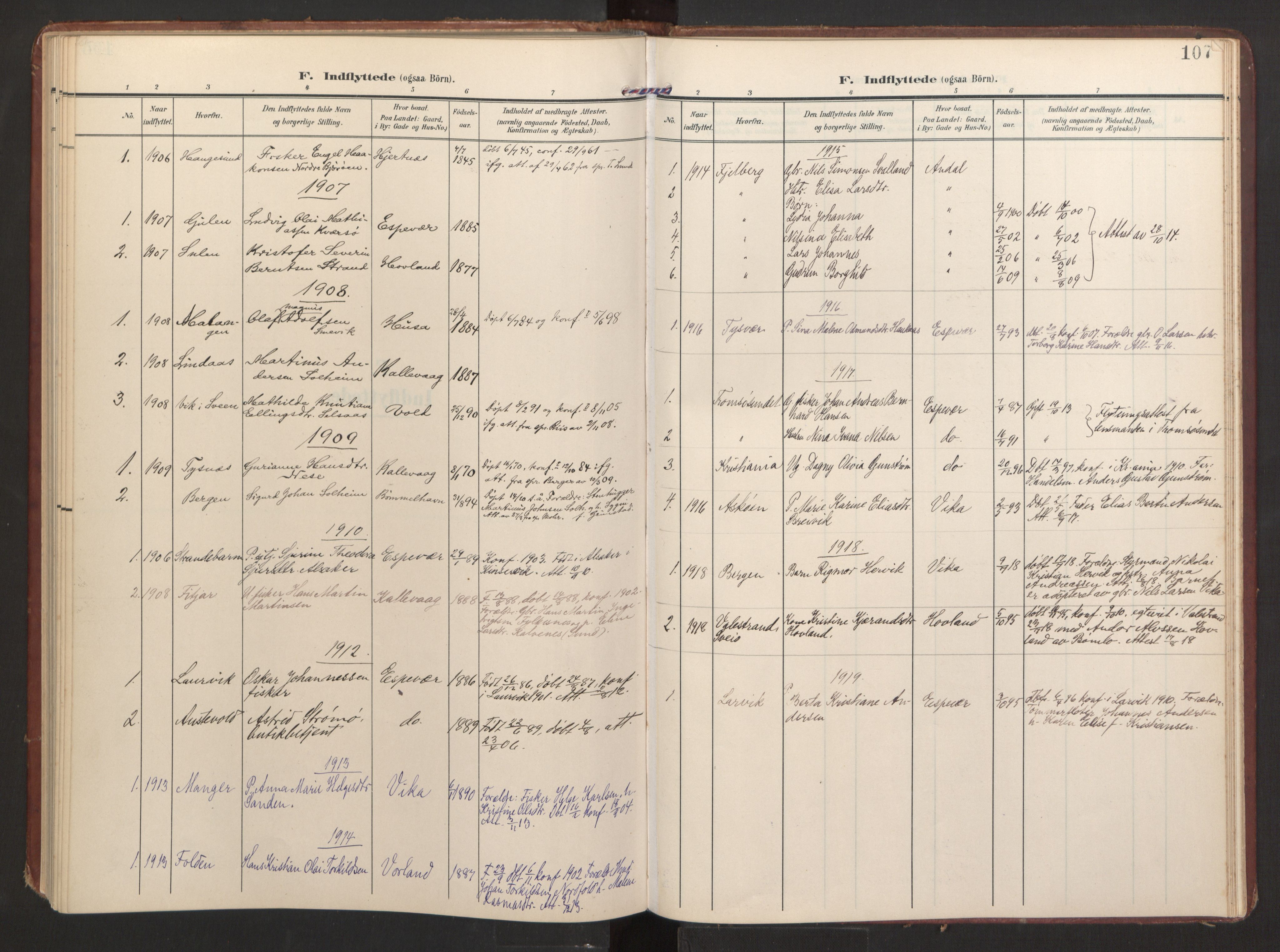 Finnås sokneprestembete, SAB/A-99925/H/Ha/Haa/Haad/L0003: Parish register (official) no. D 3, 1907-1921, p. 107