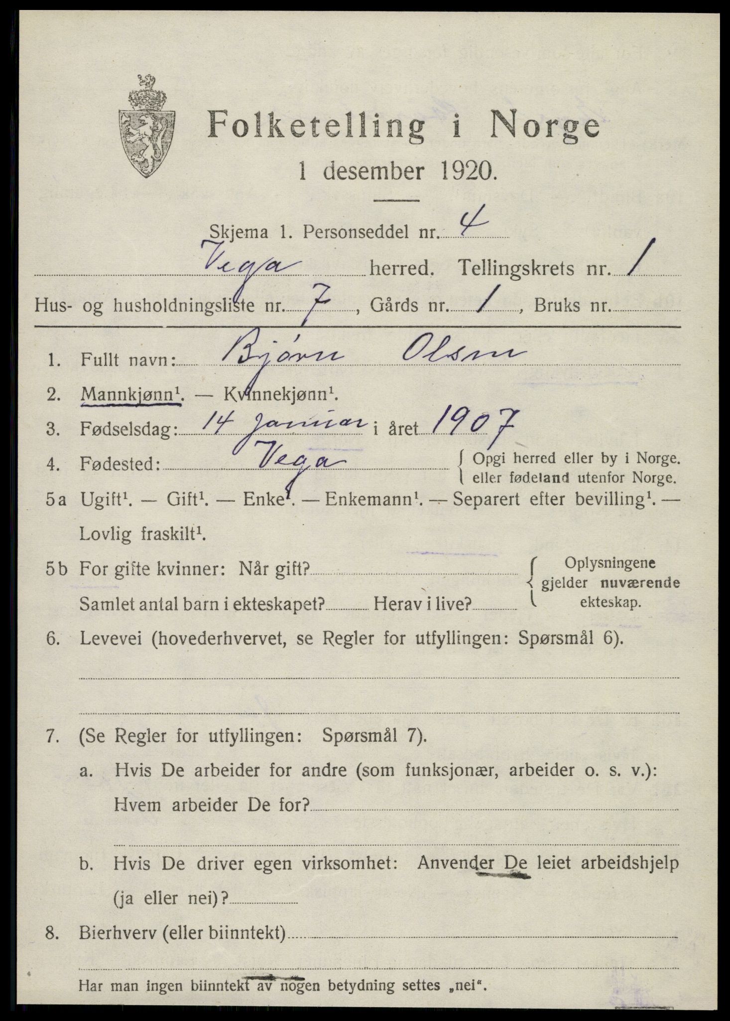 SAT, 1920 census for Vega, 1920, p. 1025