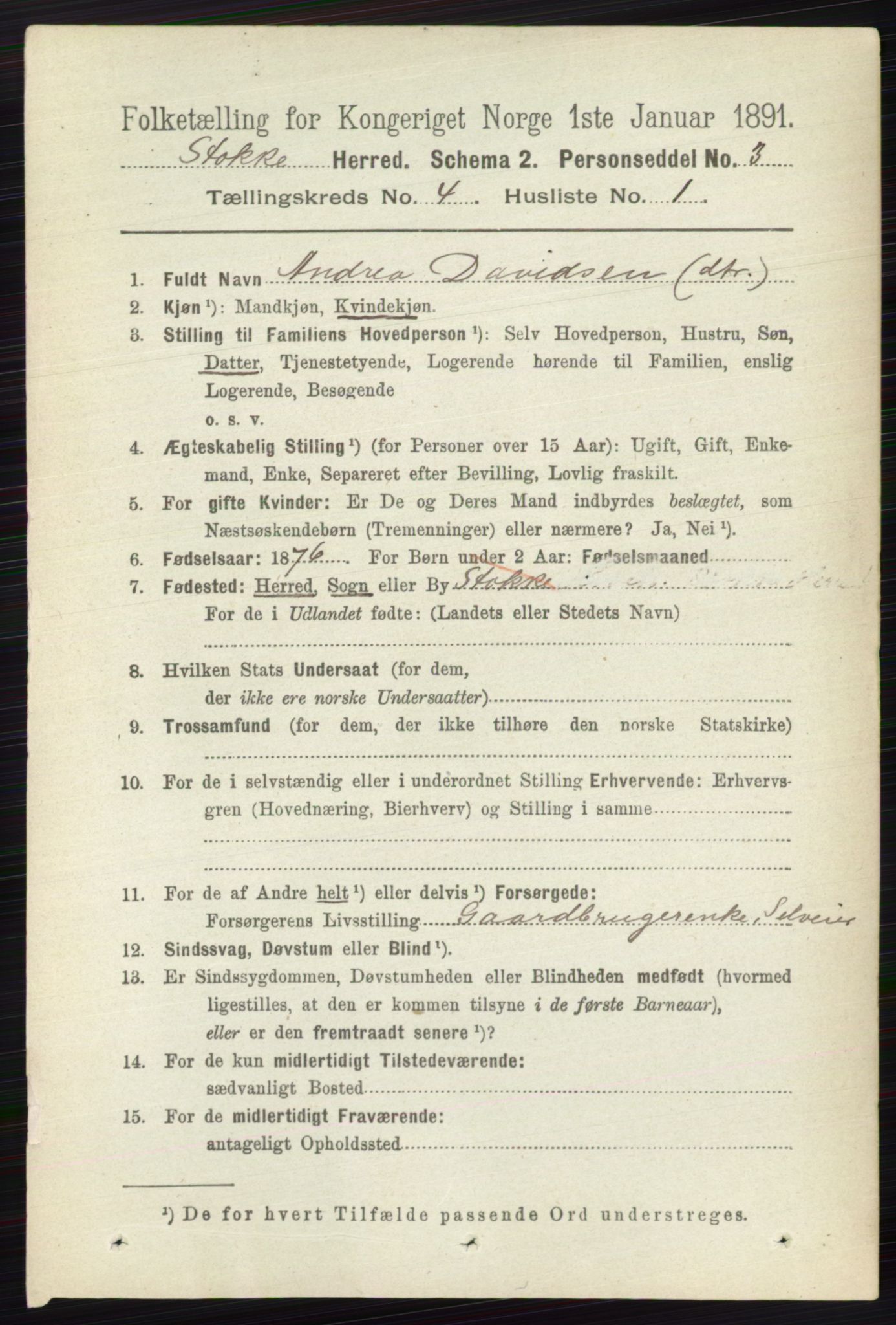 RA, 1891 census for 0720 Stokke, 1891, p. 2444