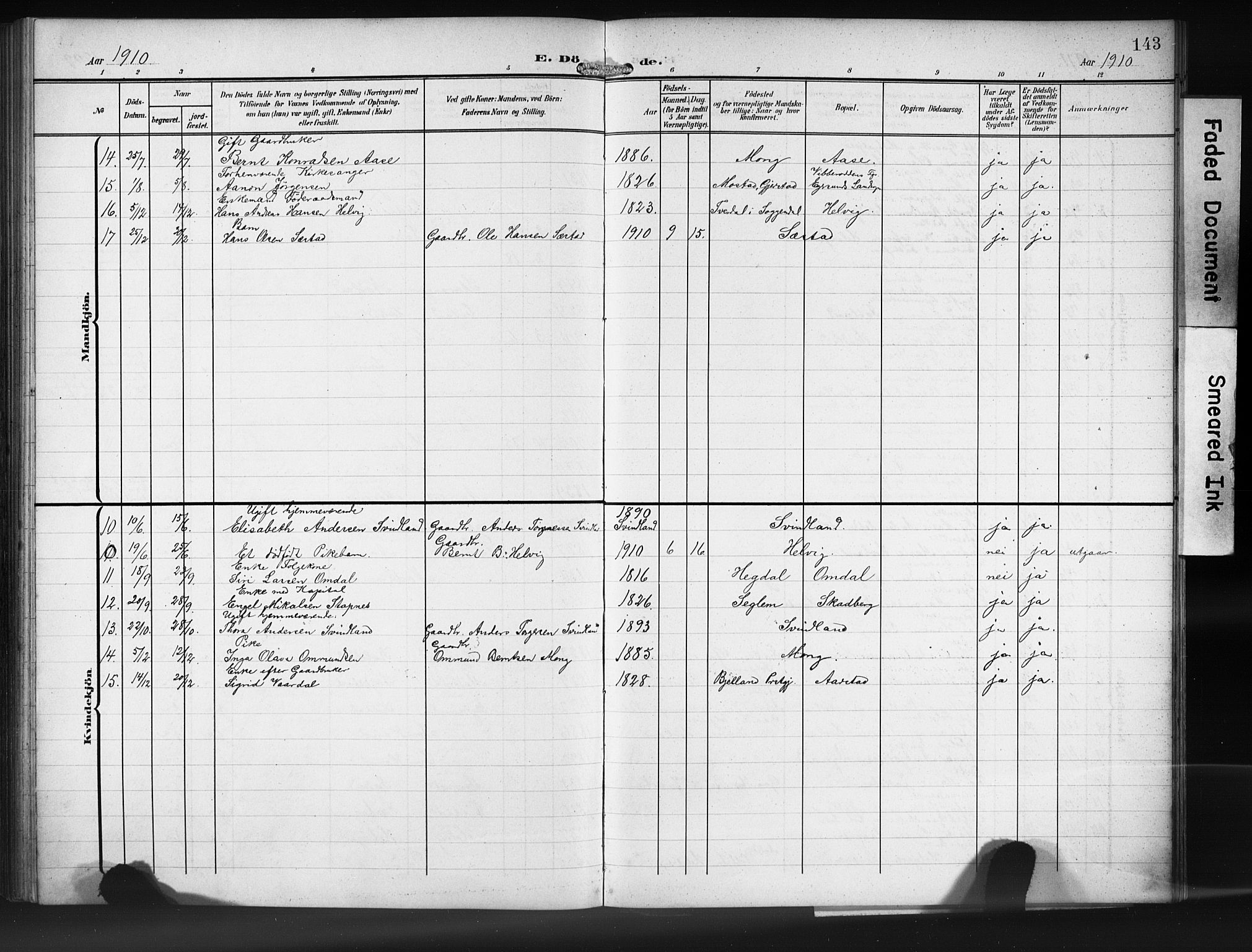 Eigersund sokneprestkontor, AV/SAST-A-101807/S09/L0011: Parish register (copy) no. B 11, 1908-1930, p. 143