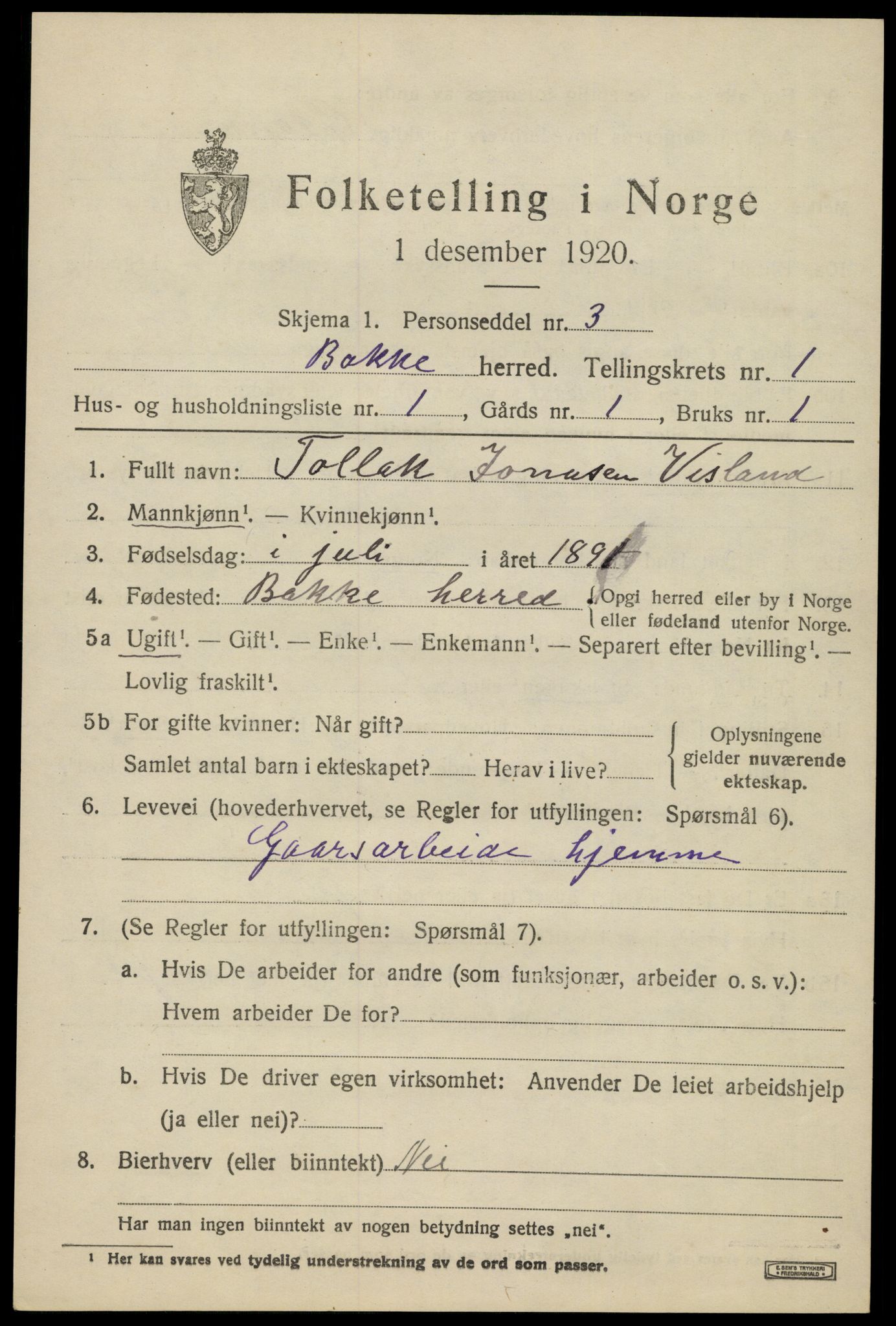 SAK, 1920 census for Bakke, 1920, p. 598