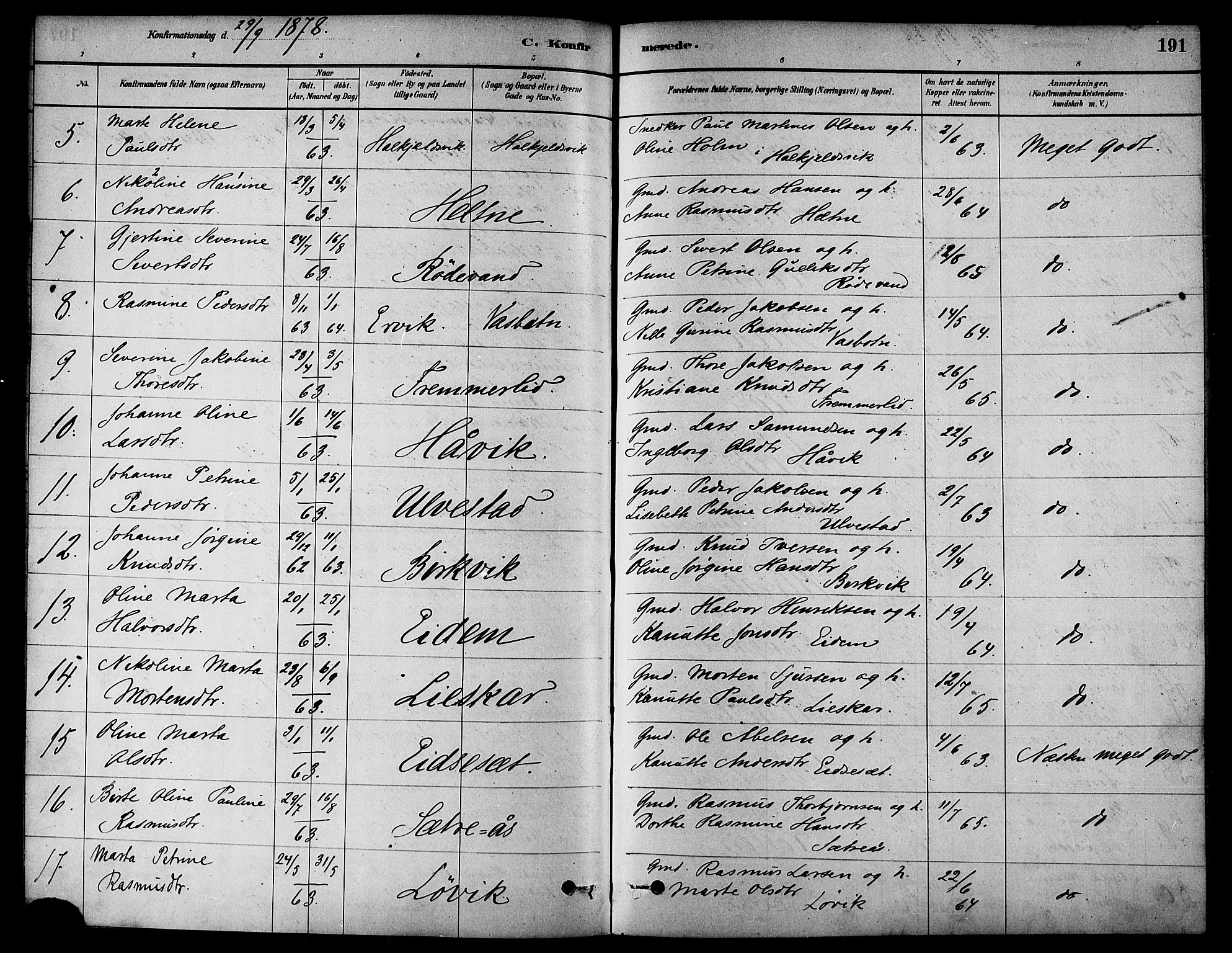 Ministerialprotokoller, klokkerbøker og fødselsregistre - Møre og Romsdal, AV/SAT-A-1454/511/L0141: Parish register (official) no. 511A08, 1878-1890, p. 191