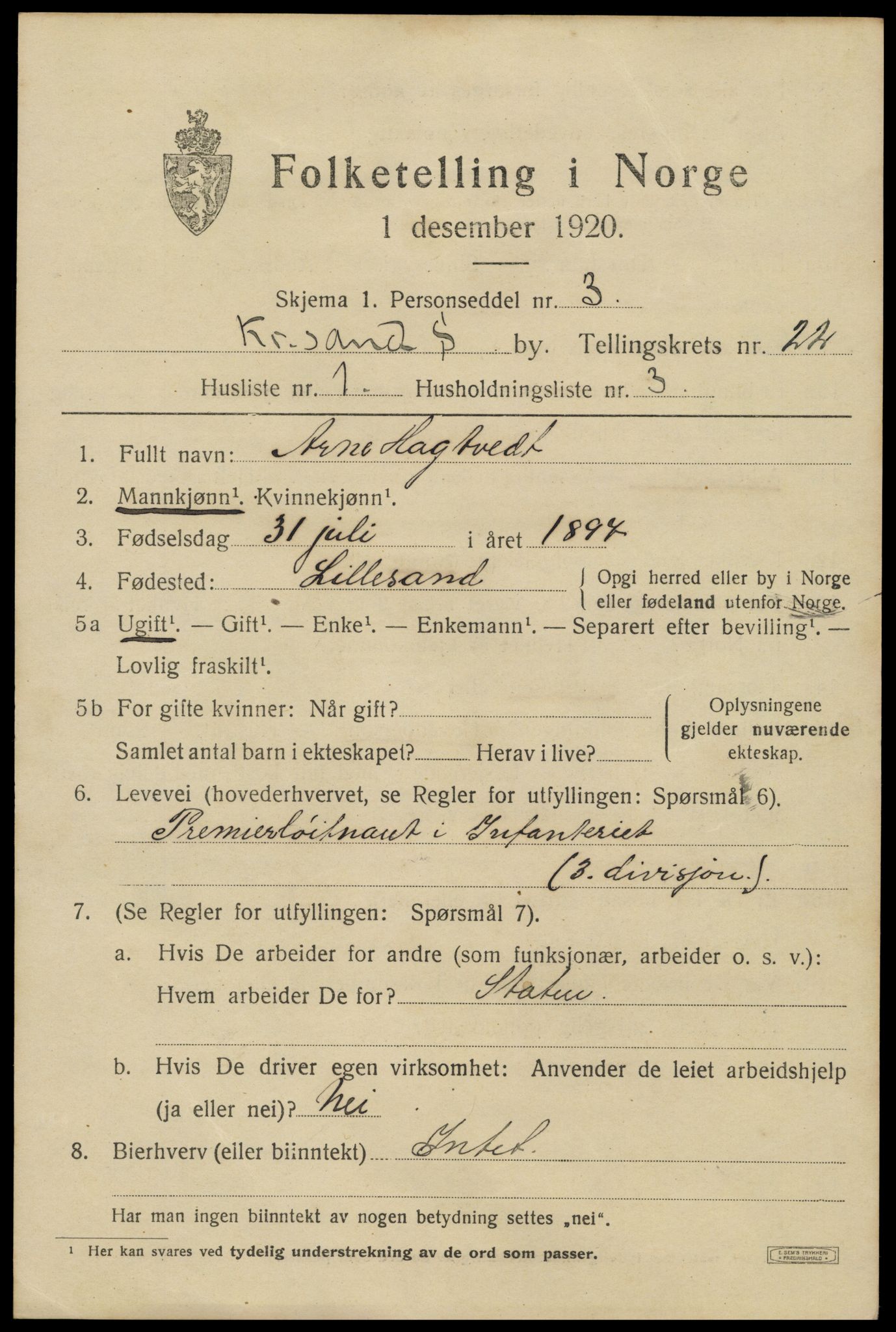 SAK, 1920 census for Kristiansand, 1920, p. 38409