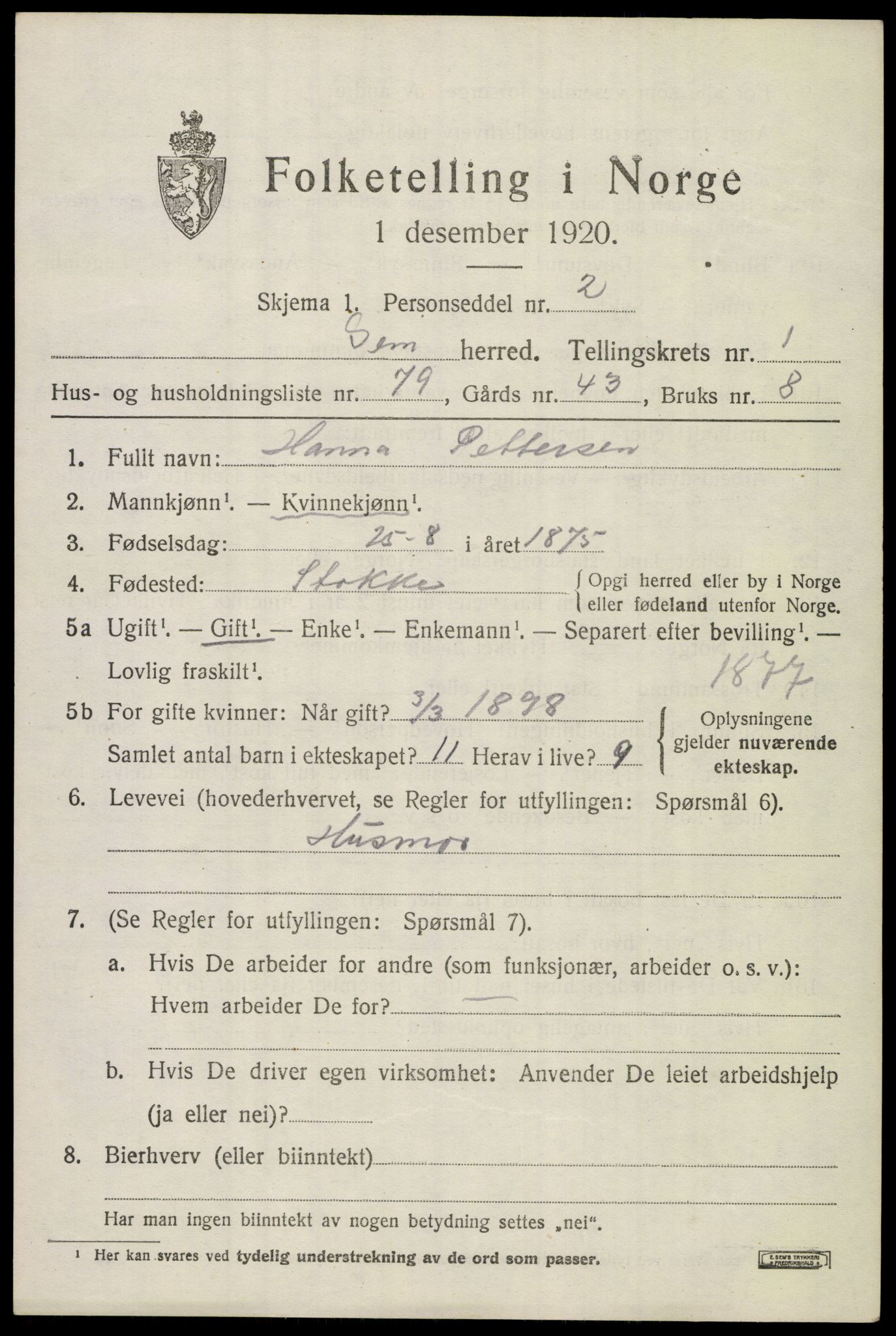 SAKO, 1920 census for Sem, 1920, p. 3621