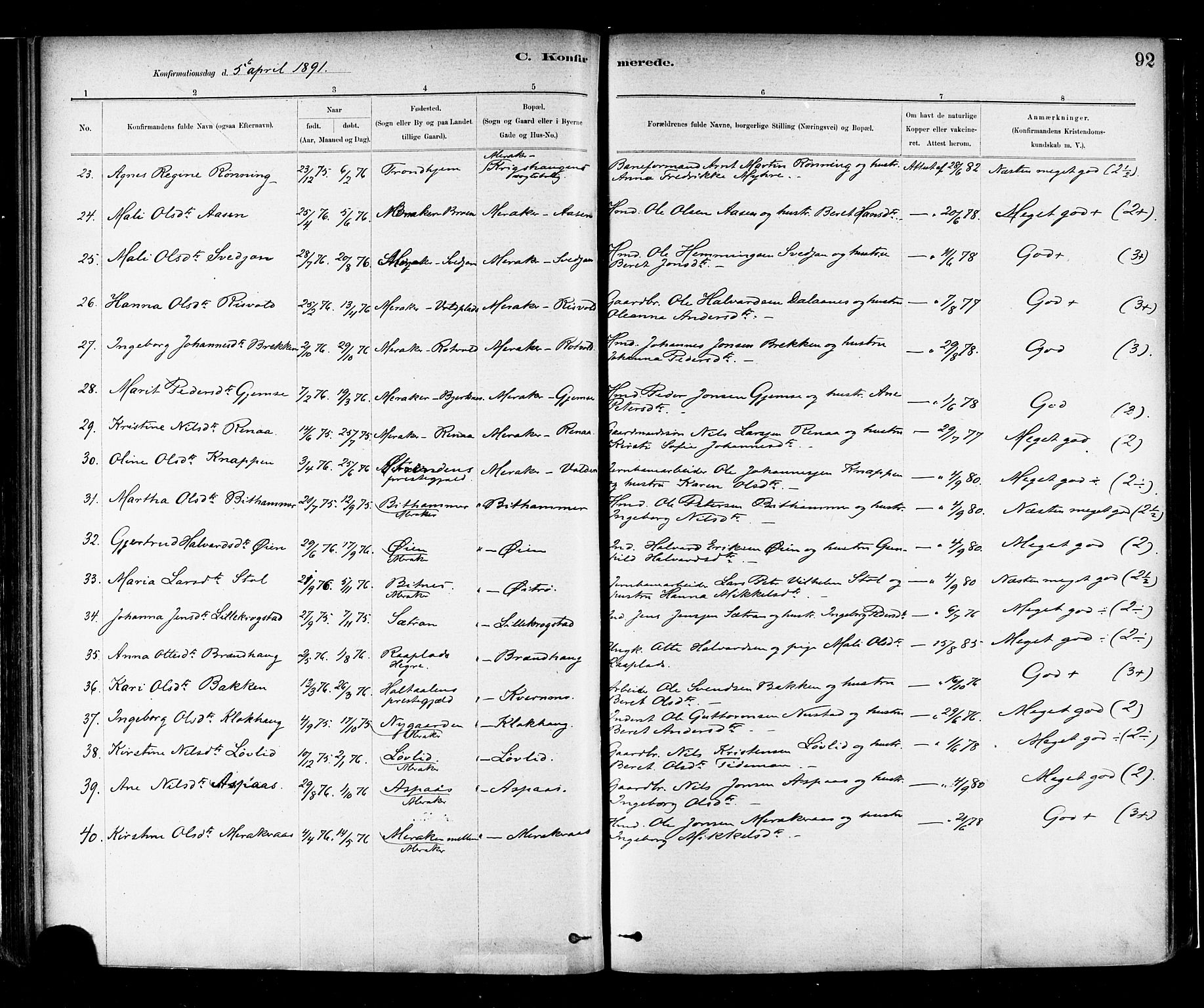 Ministerialprotokoller, klokkerbøker og fødselsregistre - Nord-Trøndelag, AV/SAT-A-1458/706/L0047: Parish register (official) no. 706A03, 1878-1892, p. 92