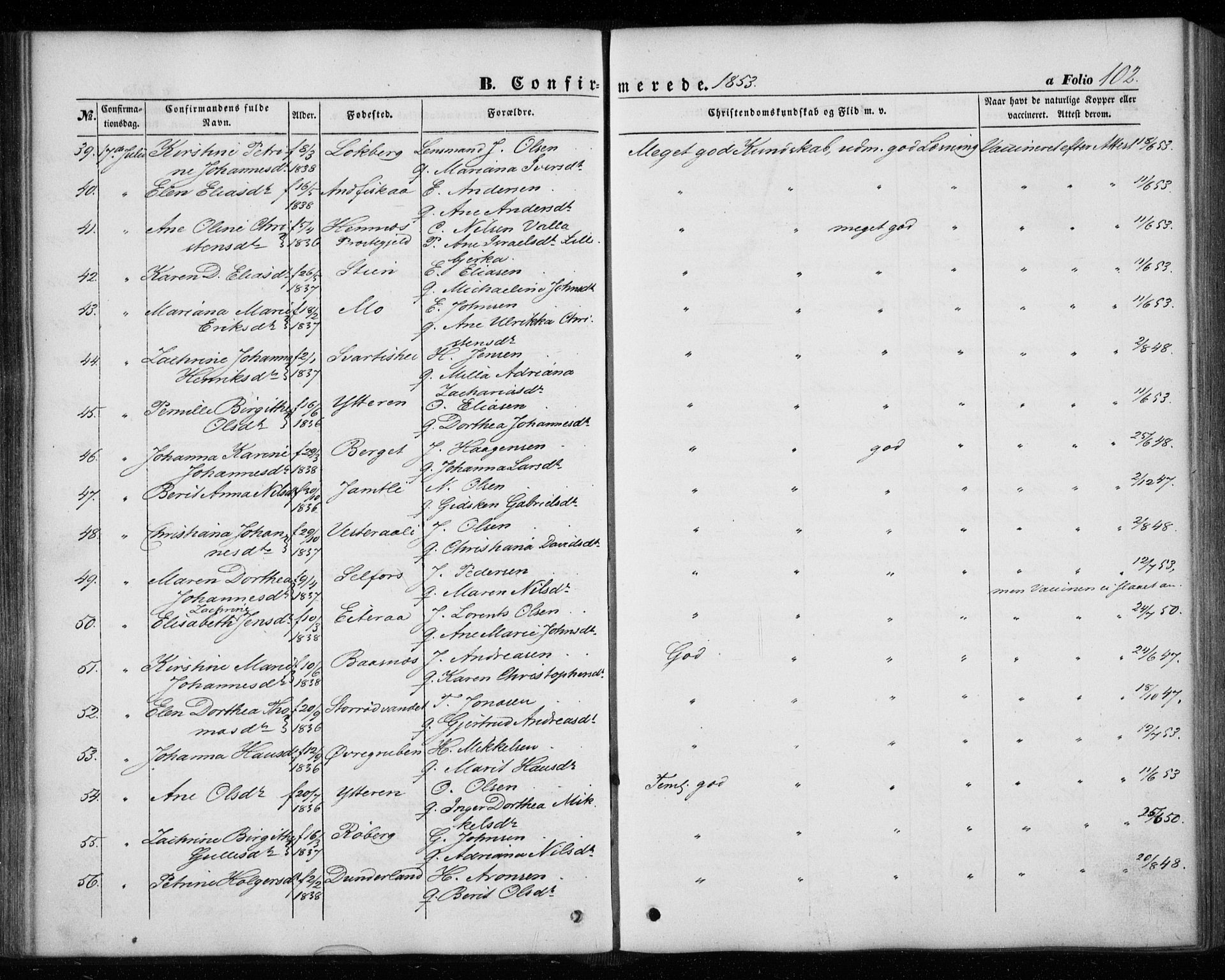 Ministerialprotokoller, klokkerbøker og fødselsregistre - Nordland, AV/SAT-A-1459/827/L0392: Parish register (official) no. 827A04, 1853-1866, p. 102