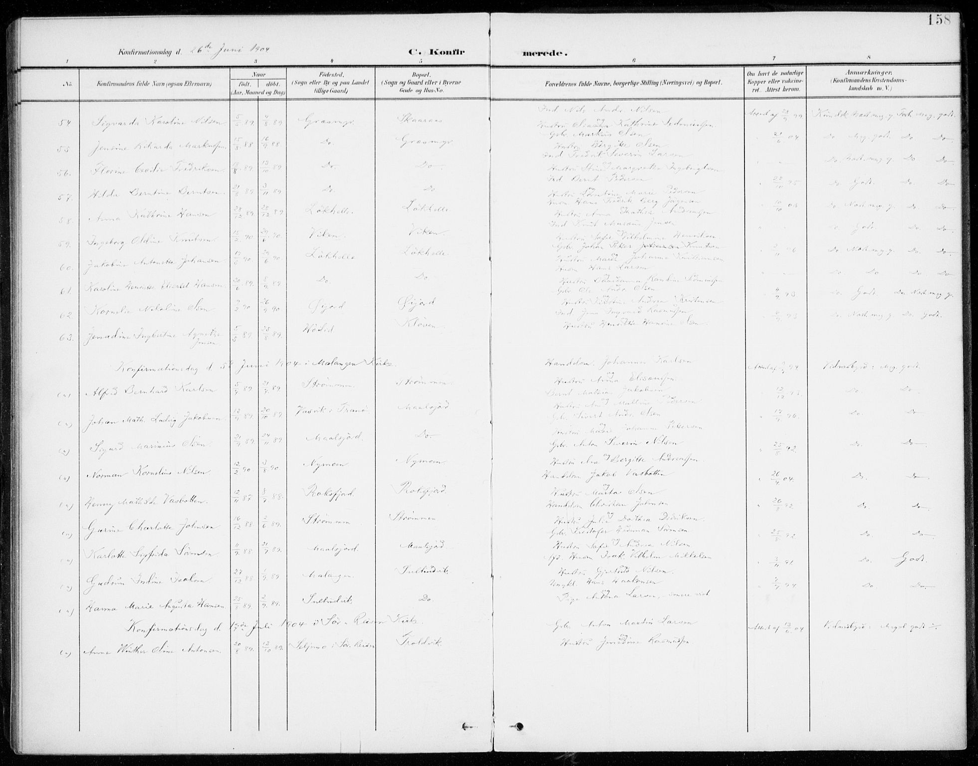 Lenvik sokneprestembete, AV/SATØ-S-1310/H/Ha/Haa/L0014kirke: Parish register (official) no. 14, 1899-1909, p. 158