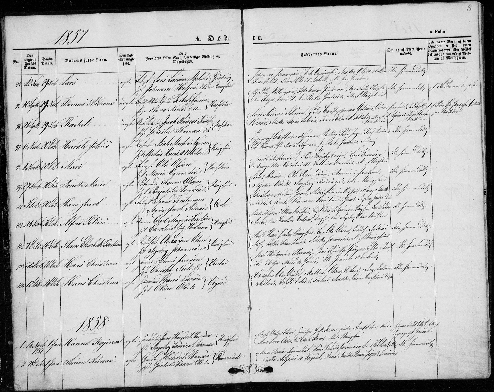 Torvastad sokneprestkontor, AV/SAST-A -101857/H/Ha/Haa/L0011: Parish register (official) no. A 11, 1857-1866, p. 8