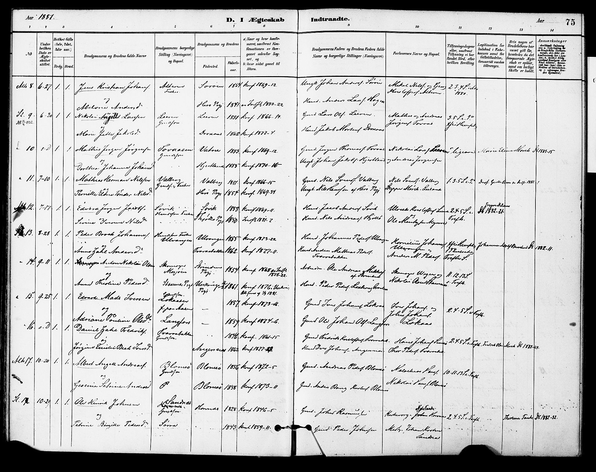 Ministerialprotokoller, klokkerbøker og fødselsregistre - Nordland, AV/SAT-A-1459/830/L0450: Parish register (official) no. 830A14, 1879-1896, p. 75